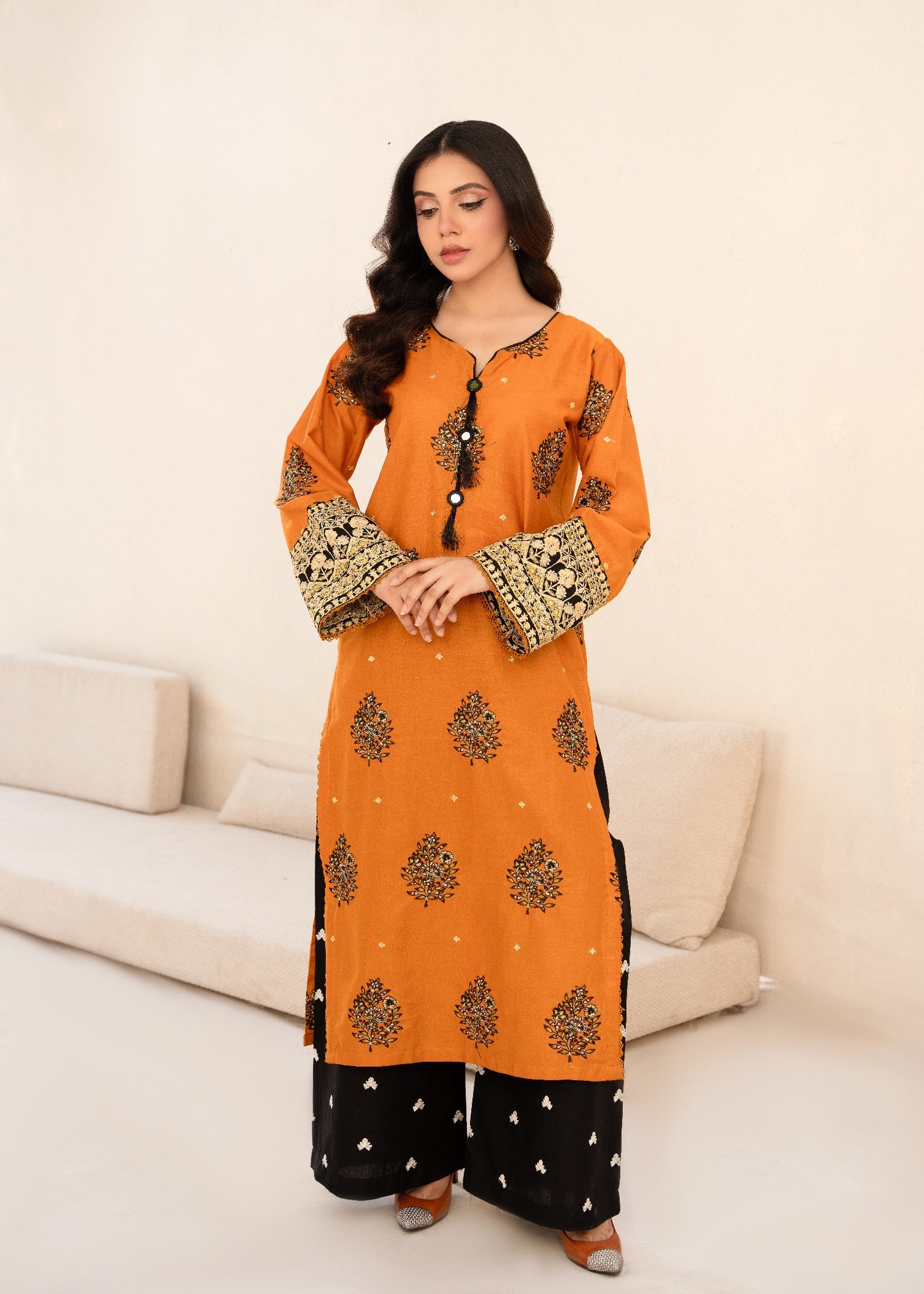 cambric Kurta Set in Yellow-orange