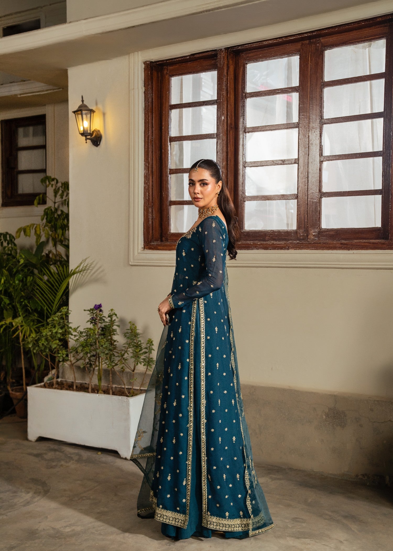 chiffon Pishwas in Bottle green