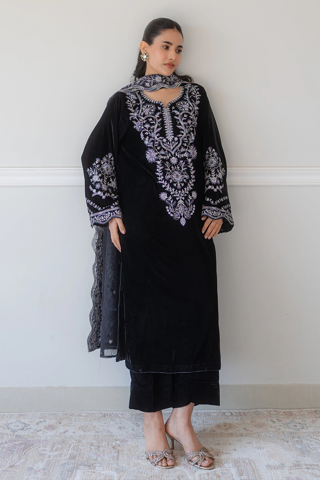 poly organza Kurta Set in Jet black
