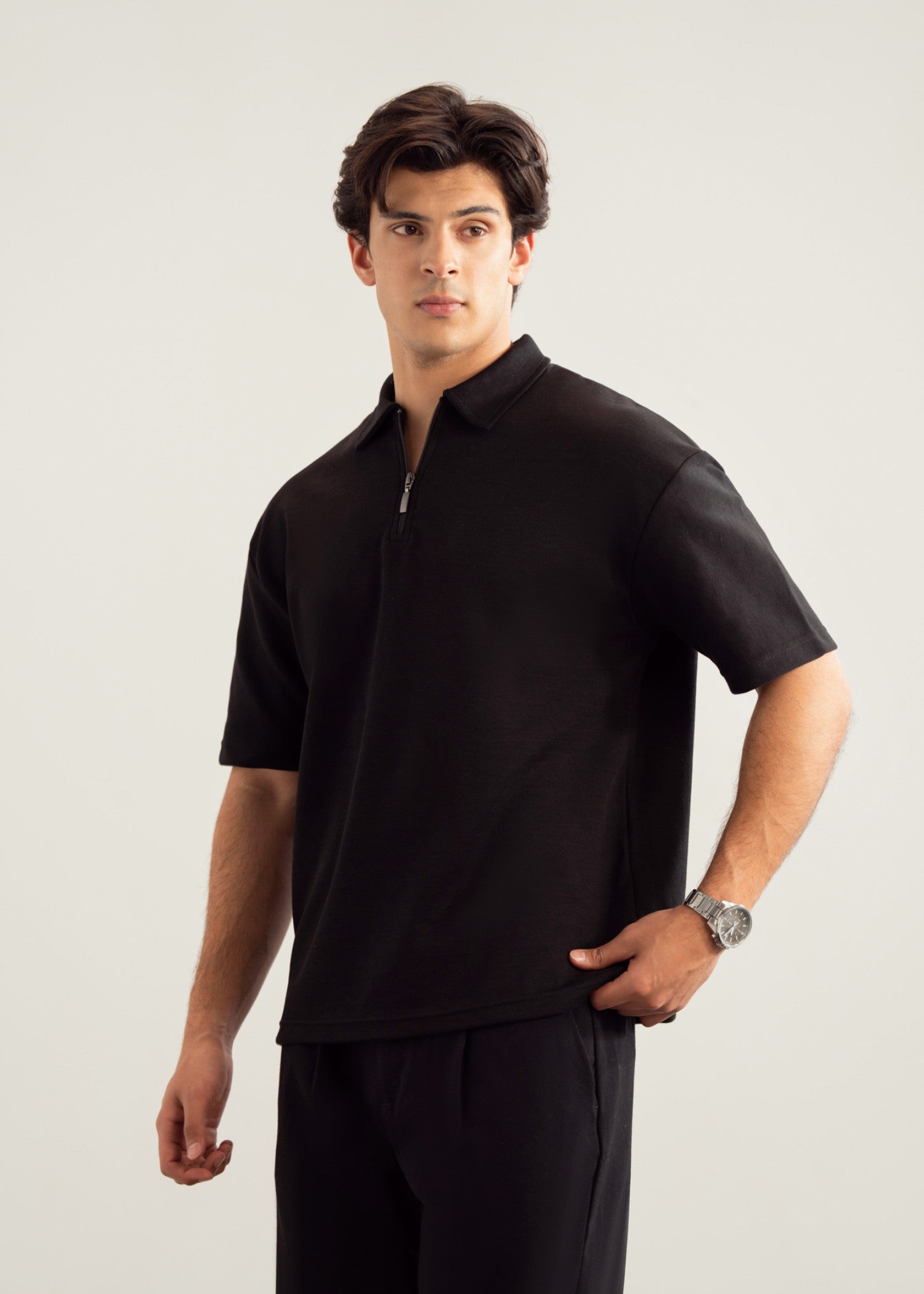 interlock knit Polo Shirt in Black
