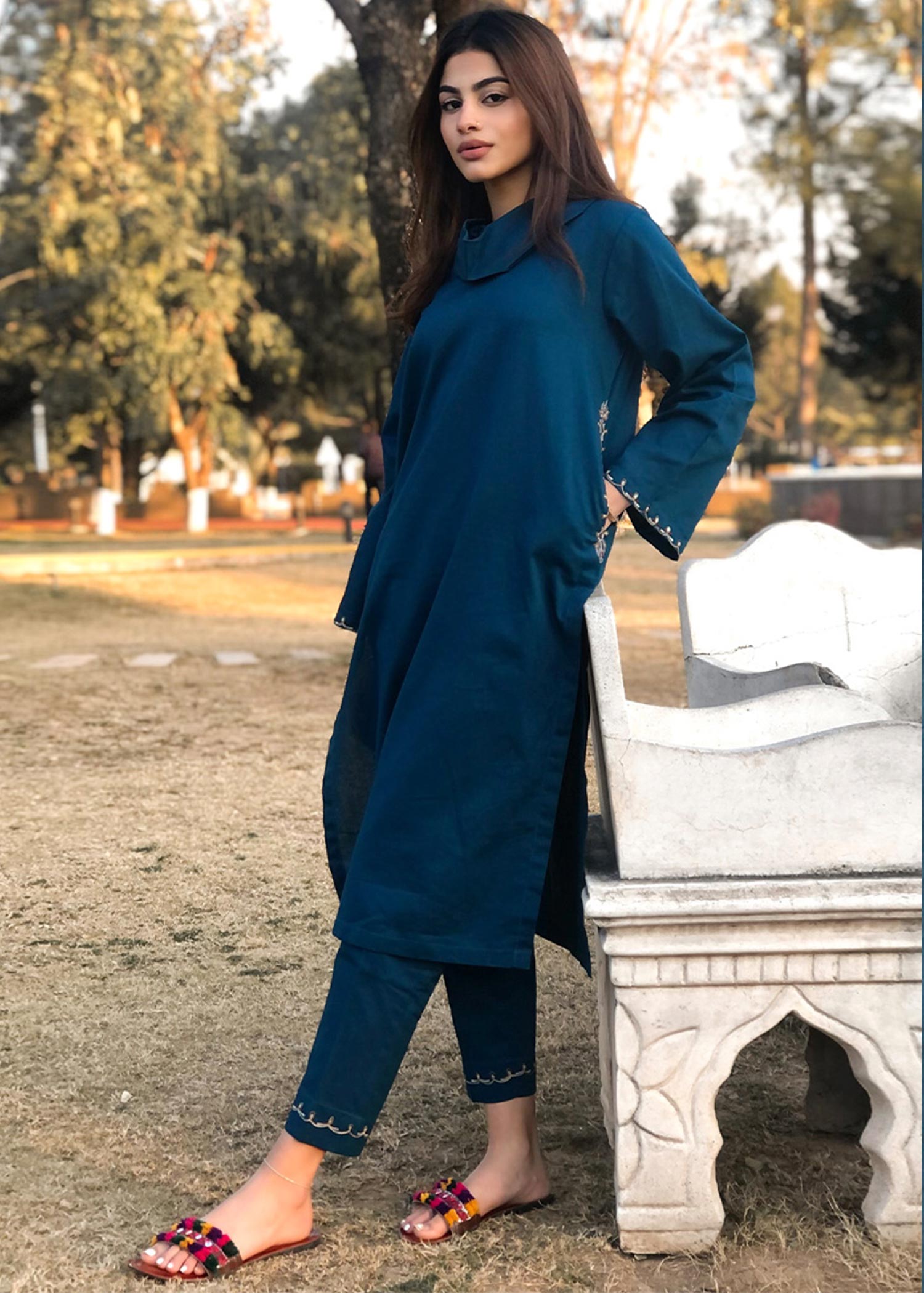 twill cambric Kurta Set in Teal