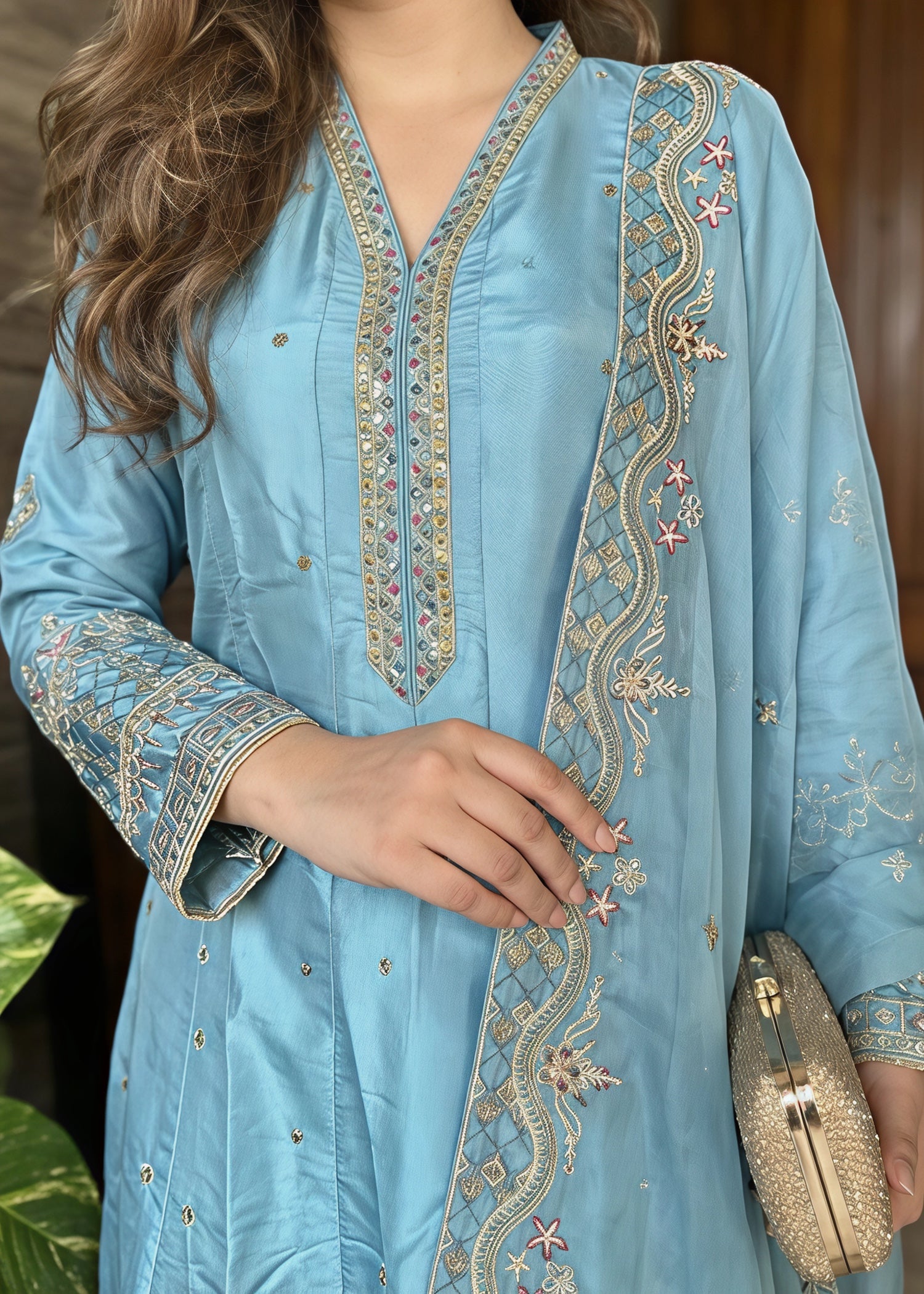 silk Pishwas in Ice blue
