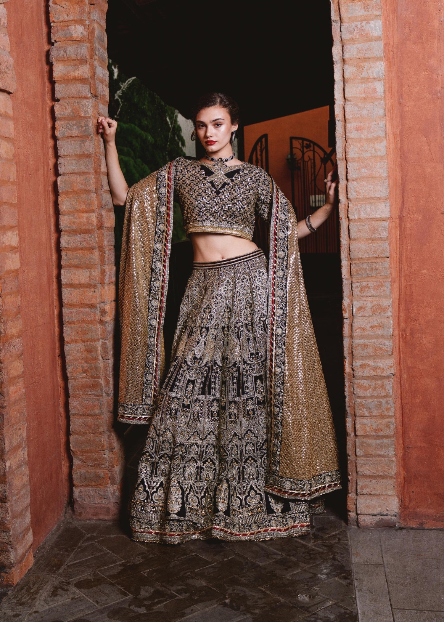 silk Lehenga in Yellow, black
