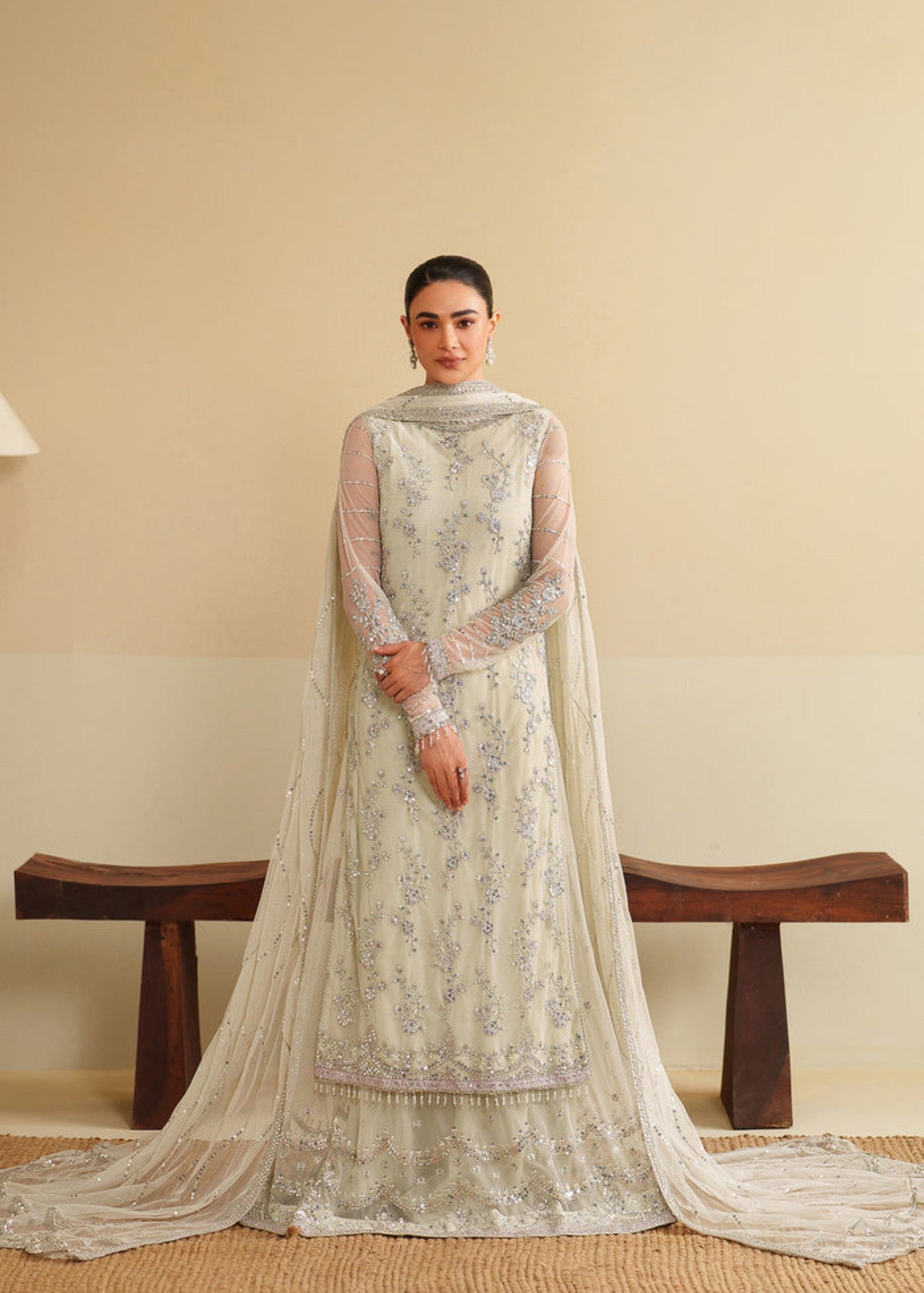 net Lehenga in White