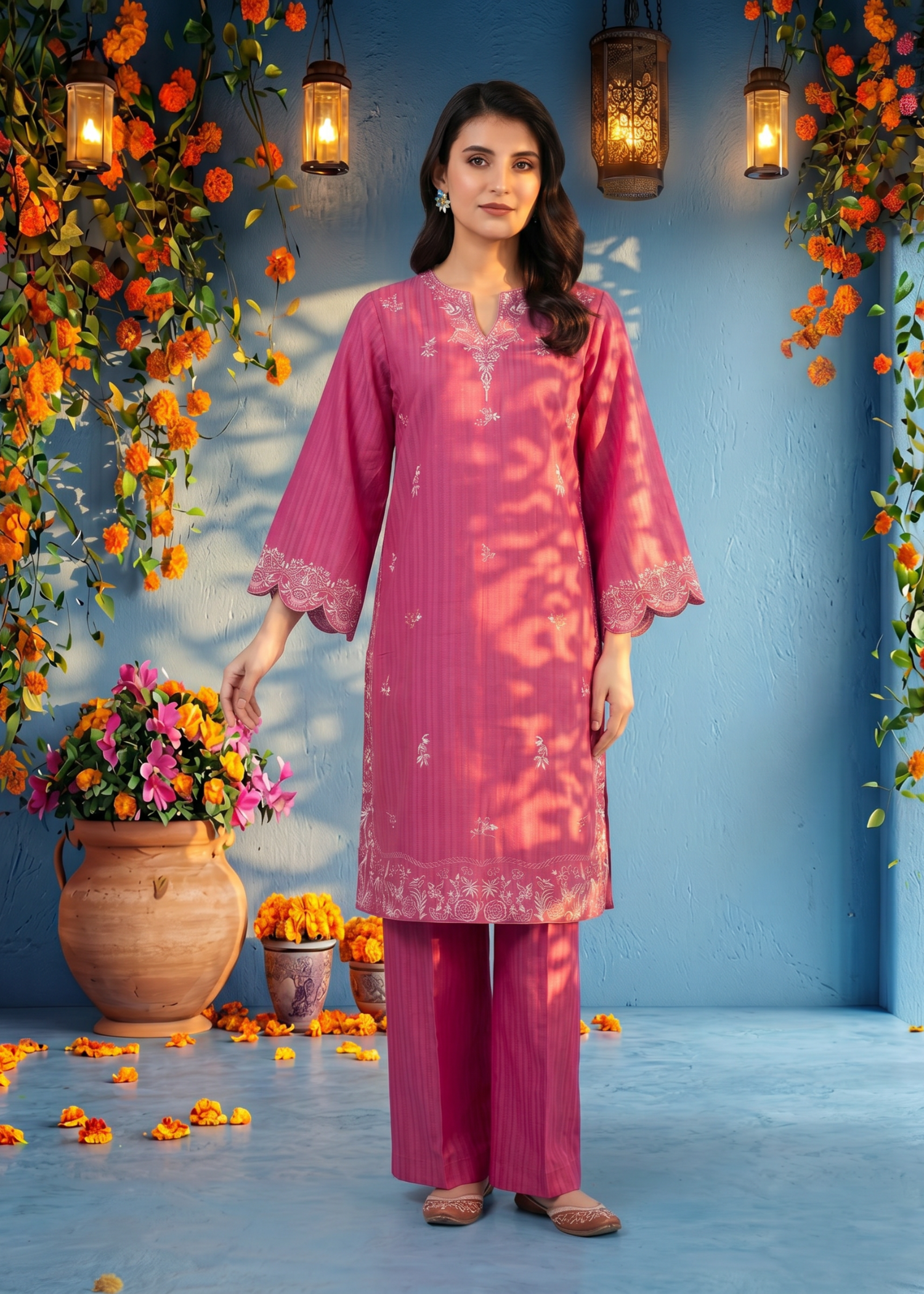 textured lawn Kurti in Hot pink