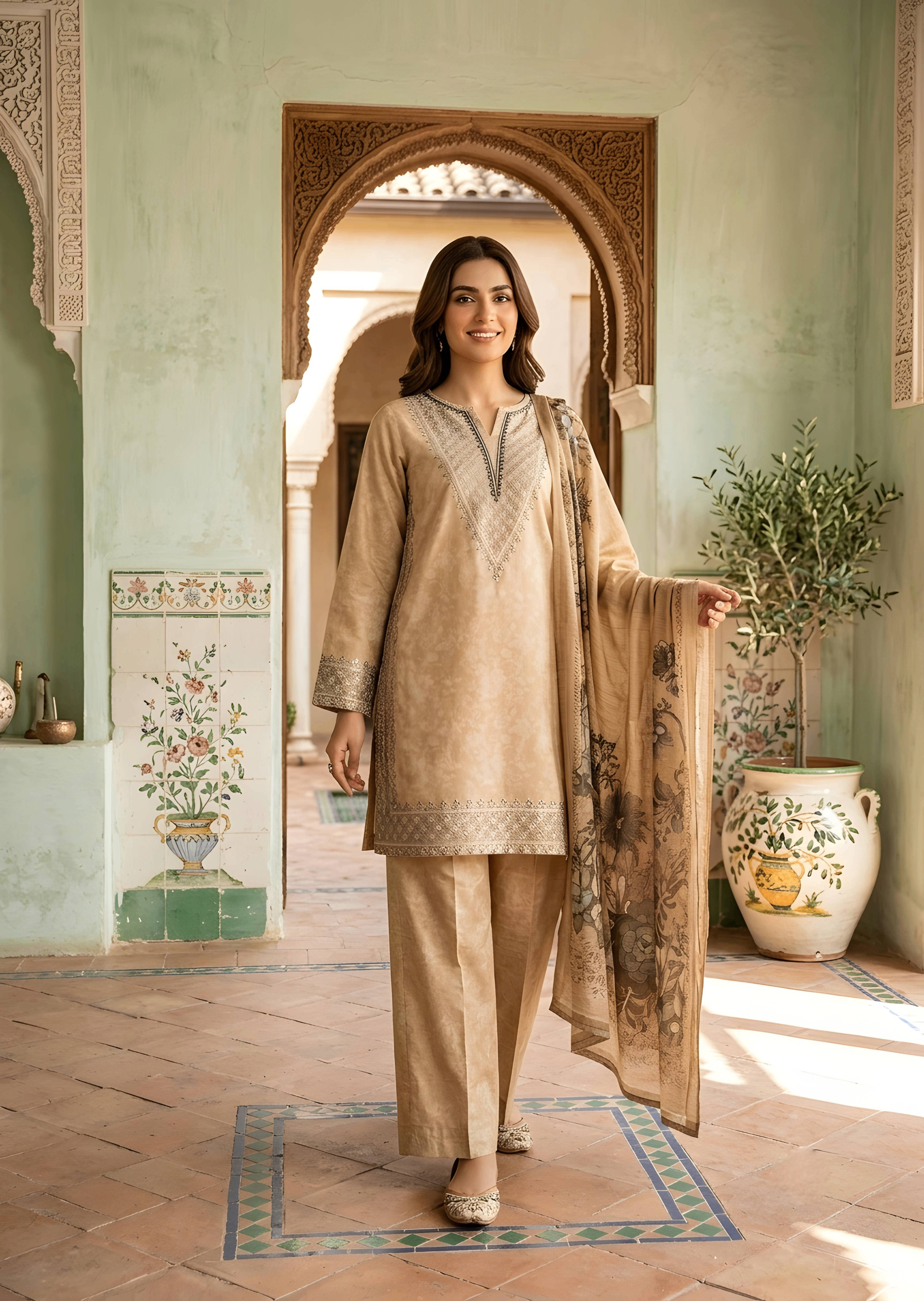 poly lawn Kurta Set in Camel brown