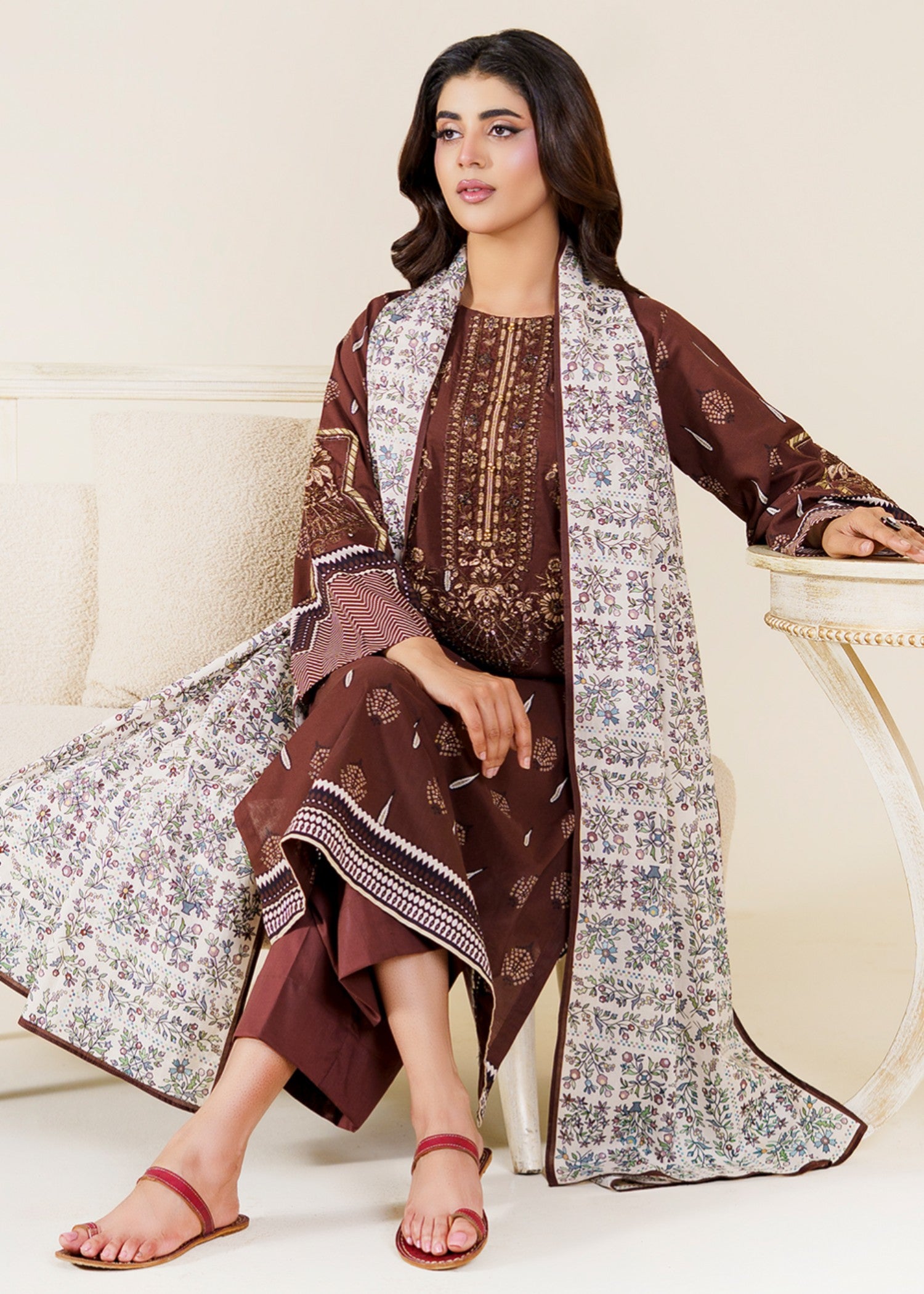 lawn Kurta Set in Coffee brown
