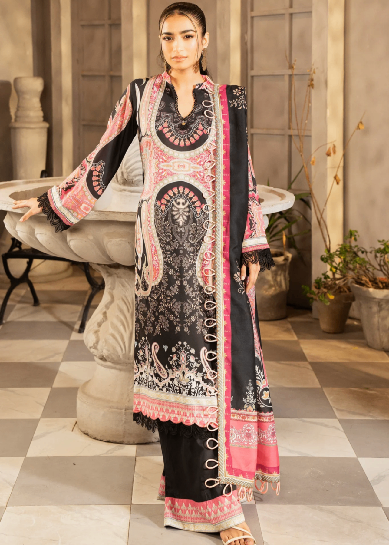 lawn Unstitched in Black, pink