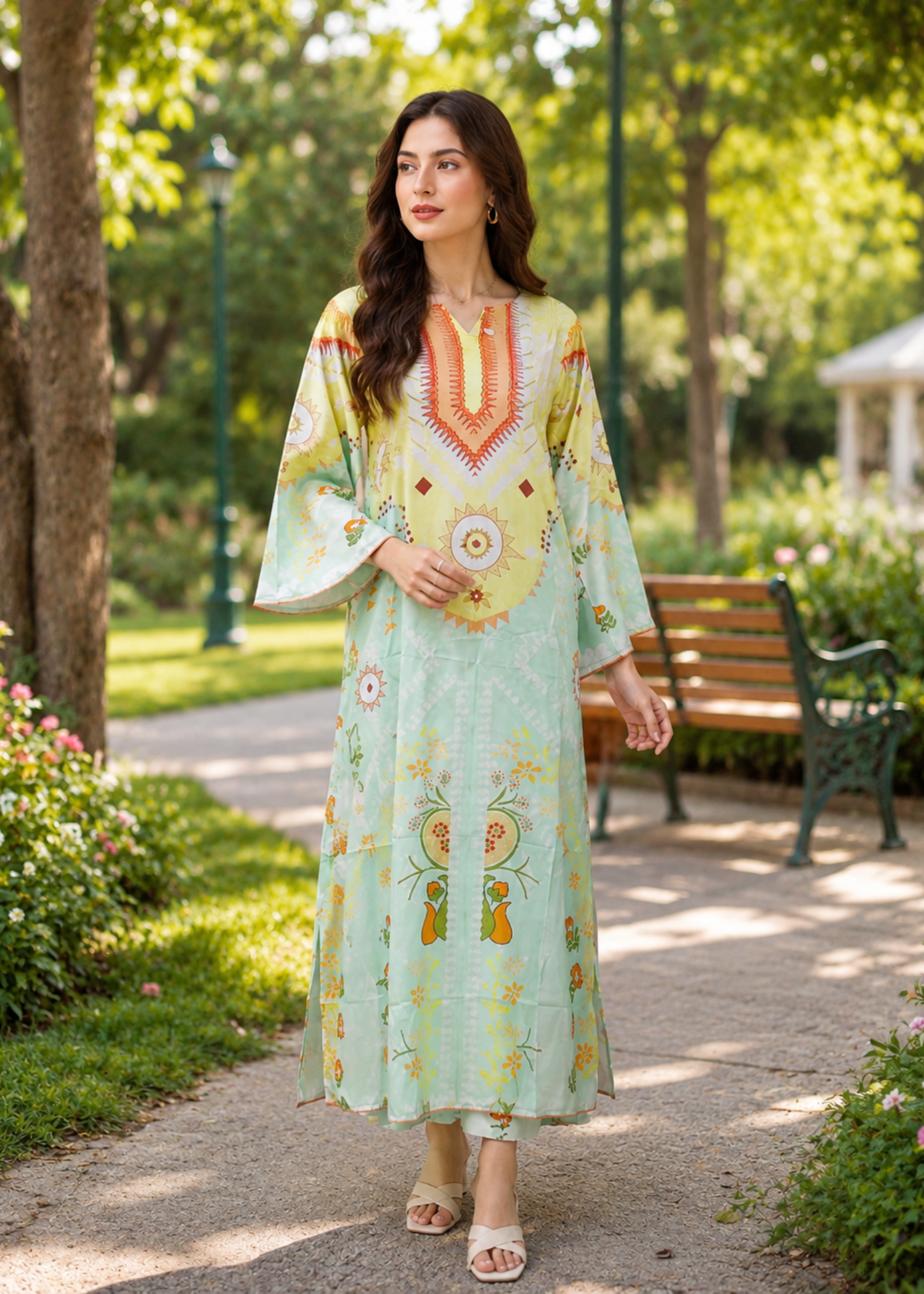 silk charmeuse Kaftan in Moss green
