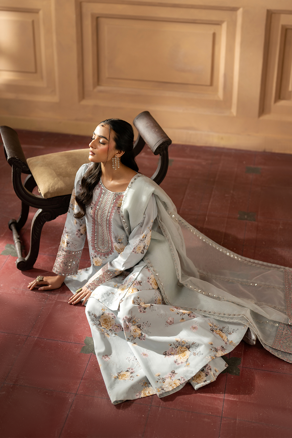 silk finish lawn Sharara in Ice blue