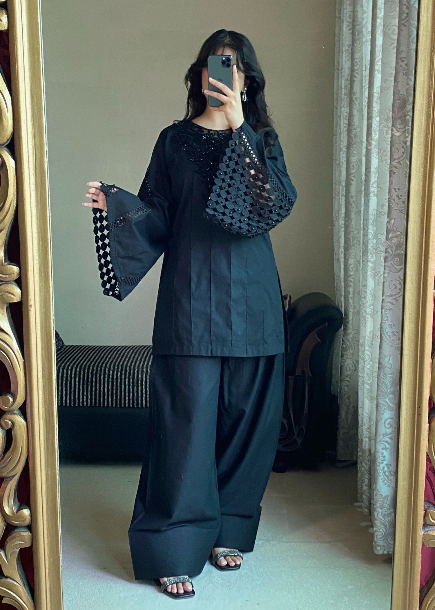 lawn cotton Kurta Set in Jet black