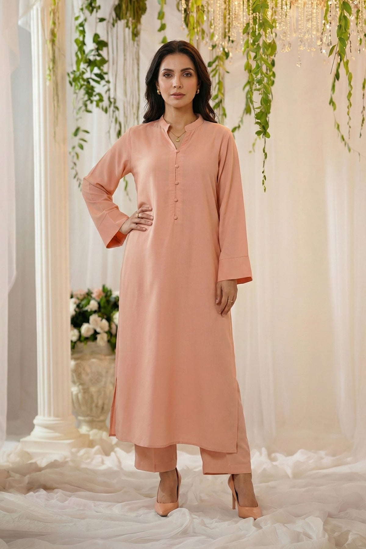 polyester georgette Kurta Set in Peach pink