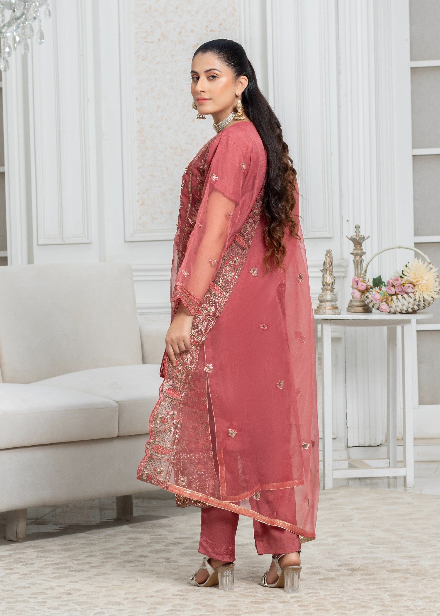 organza Kurta Set in Taffy pink