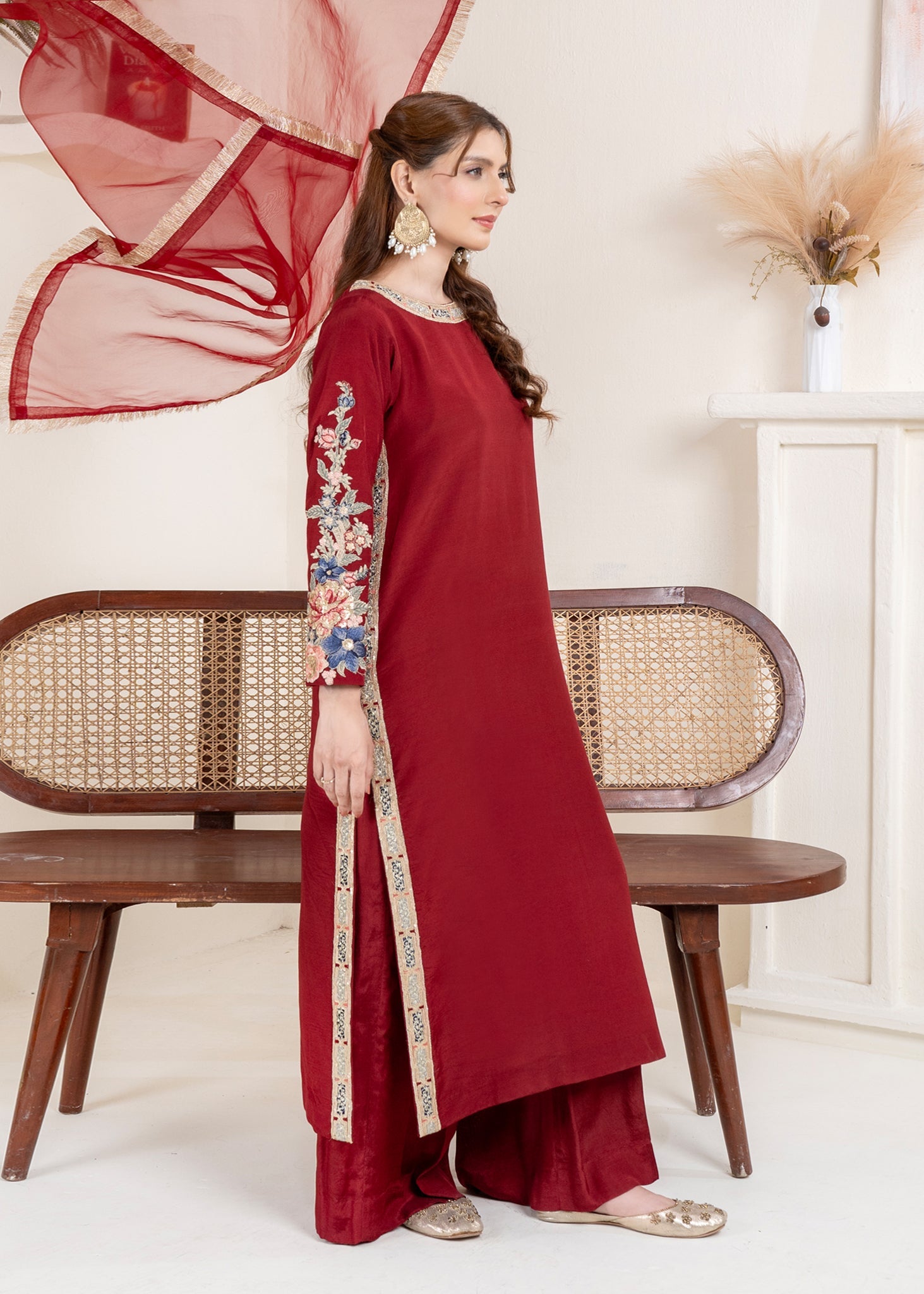 thai silk Kurta Set in Maroon