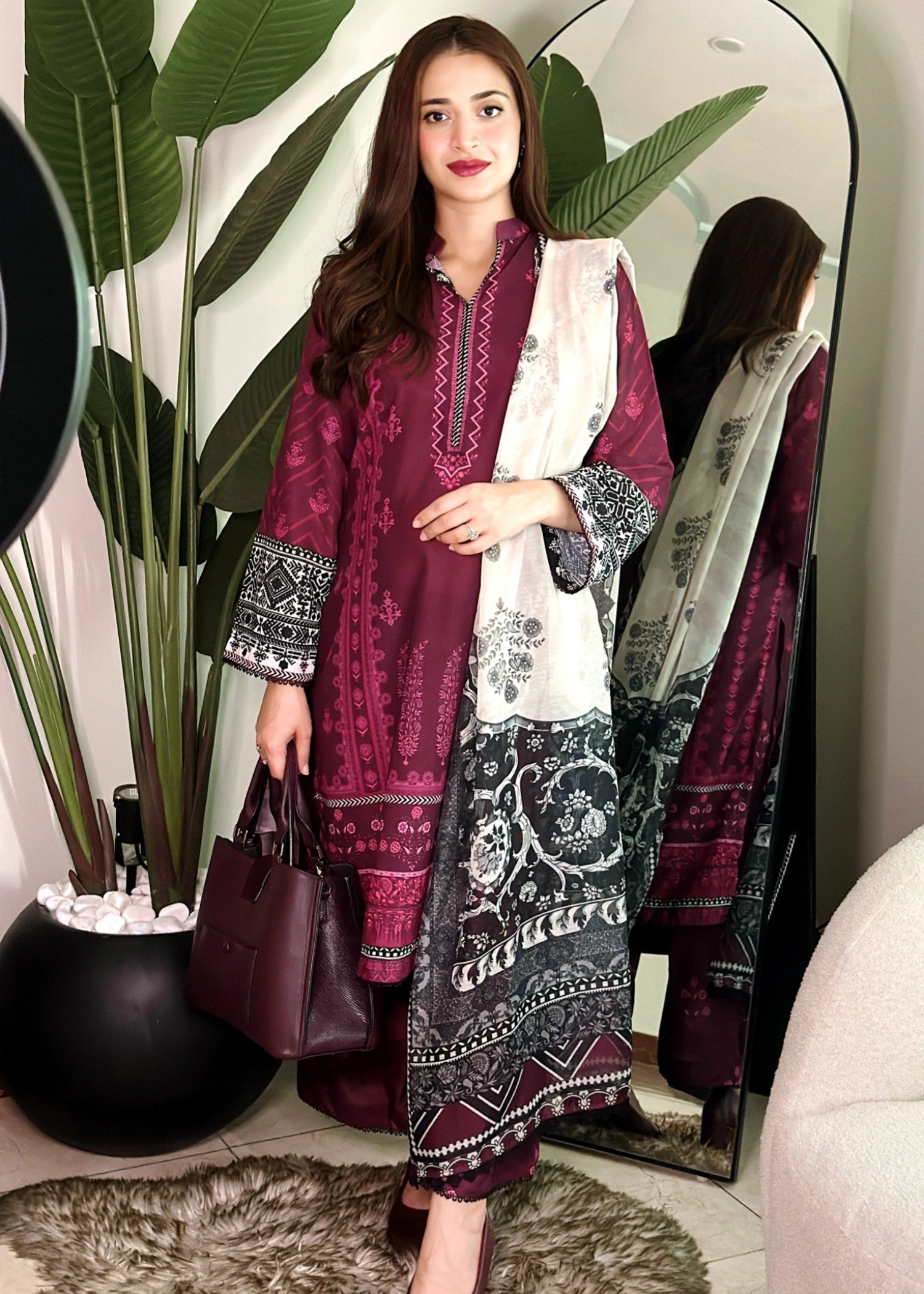 silk finish lawn Kurta Set in Plum