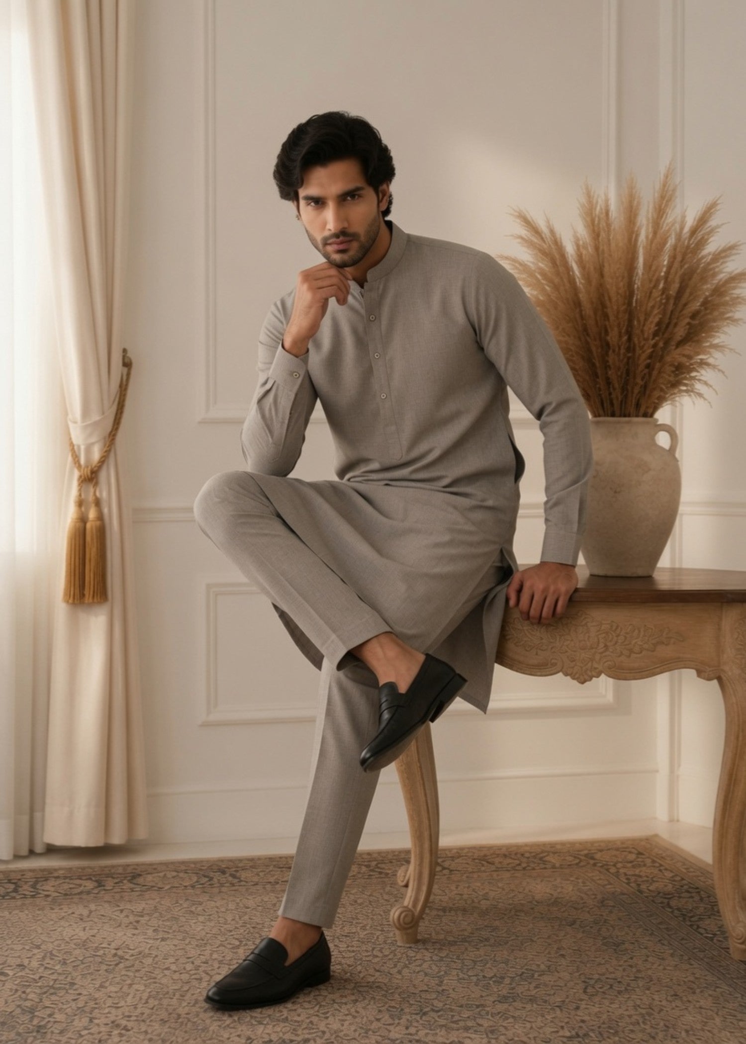 wash & wear Kurta Set in Stone grey