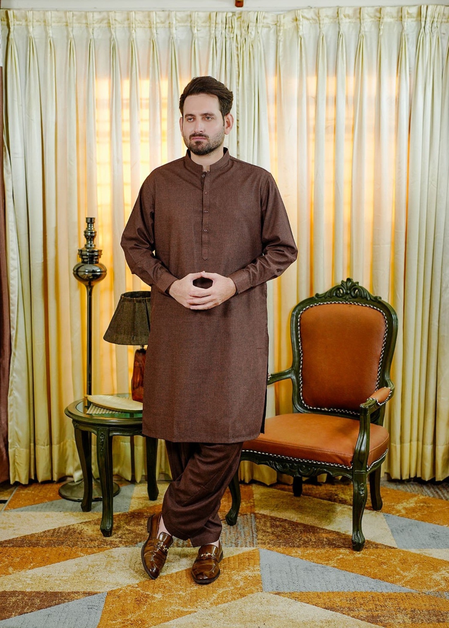 acrylic wool Shalwar Kameez in Rustic brown