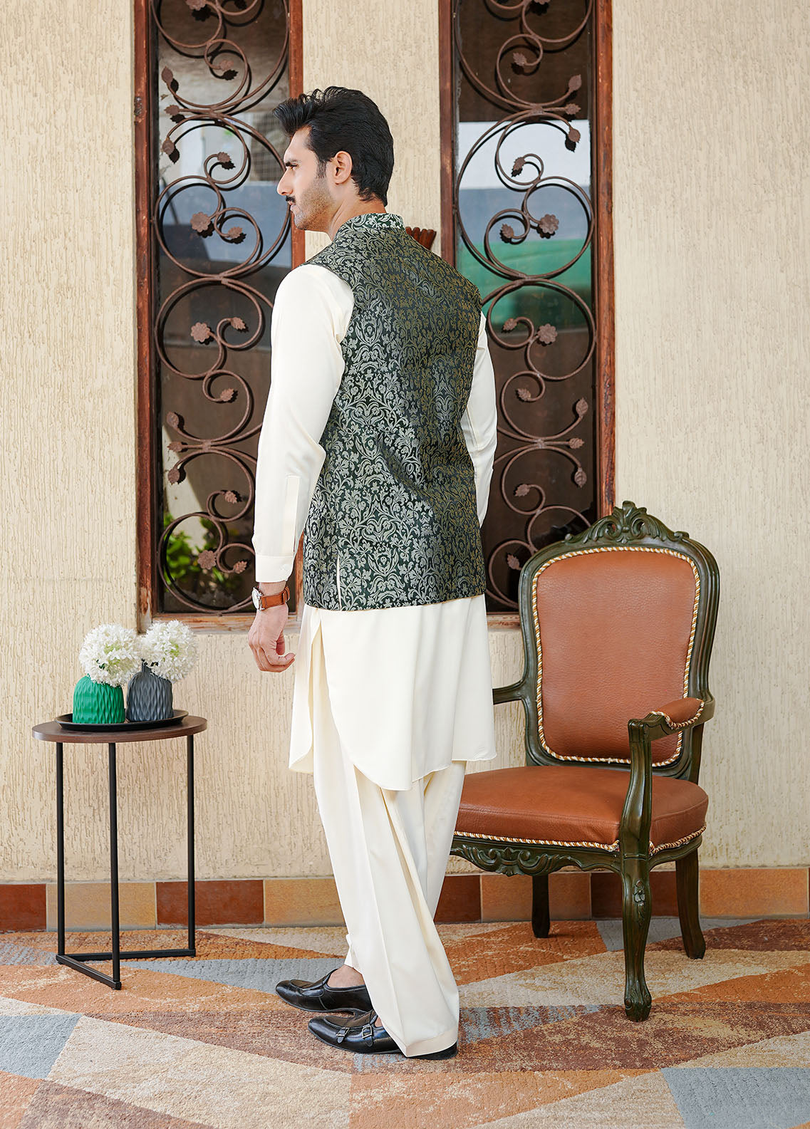 banarasi jamawar Waistcoat in Forest green