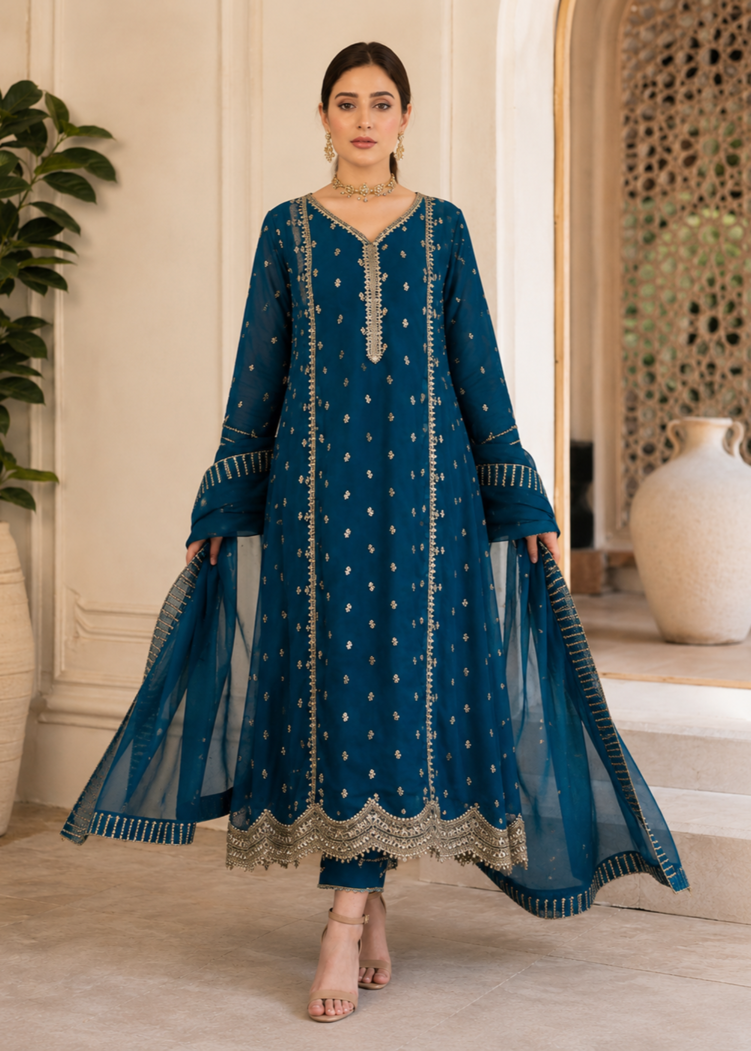 crinkle chiffon Anarkali in Yale blue