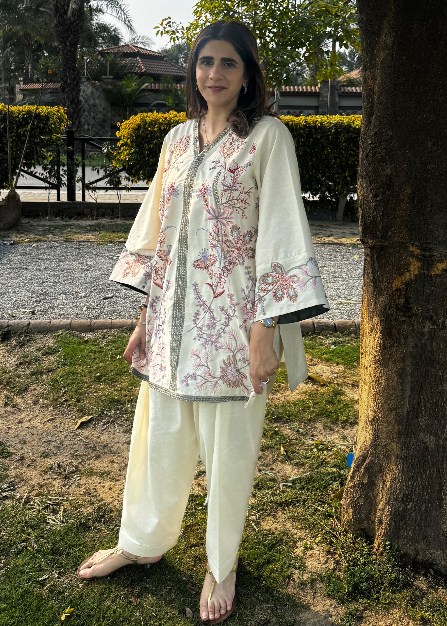 cotton karandi Kurta Set in Off-white