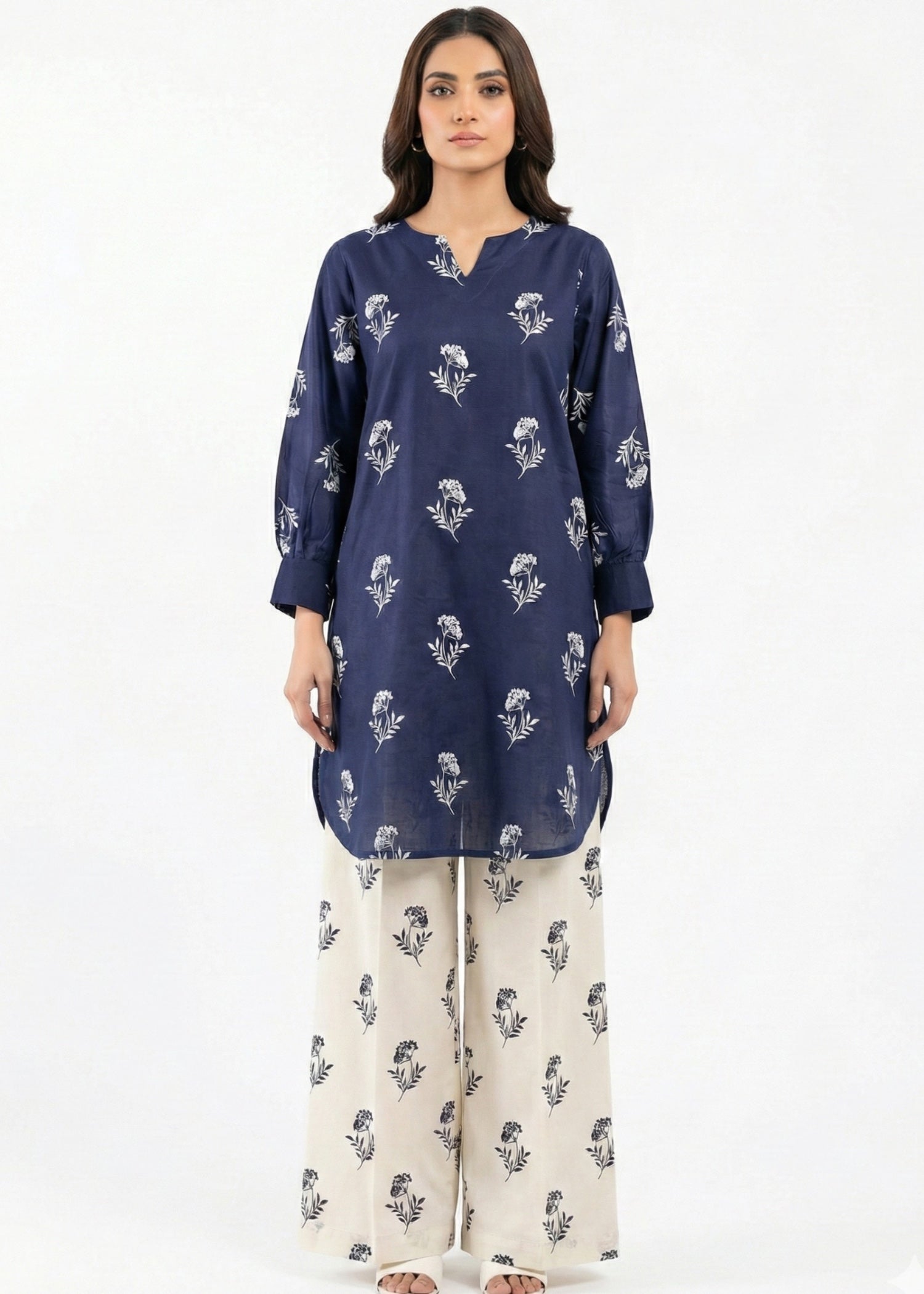 linen Kurta Set in Off-white, navy blue