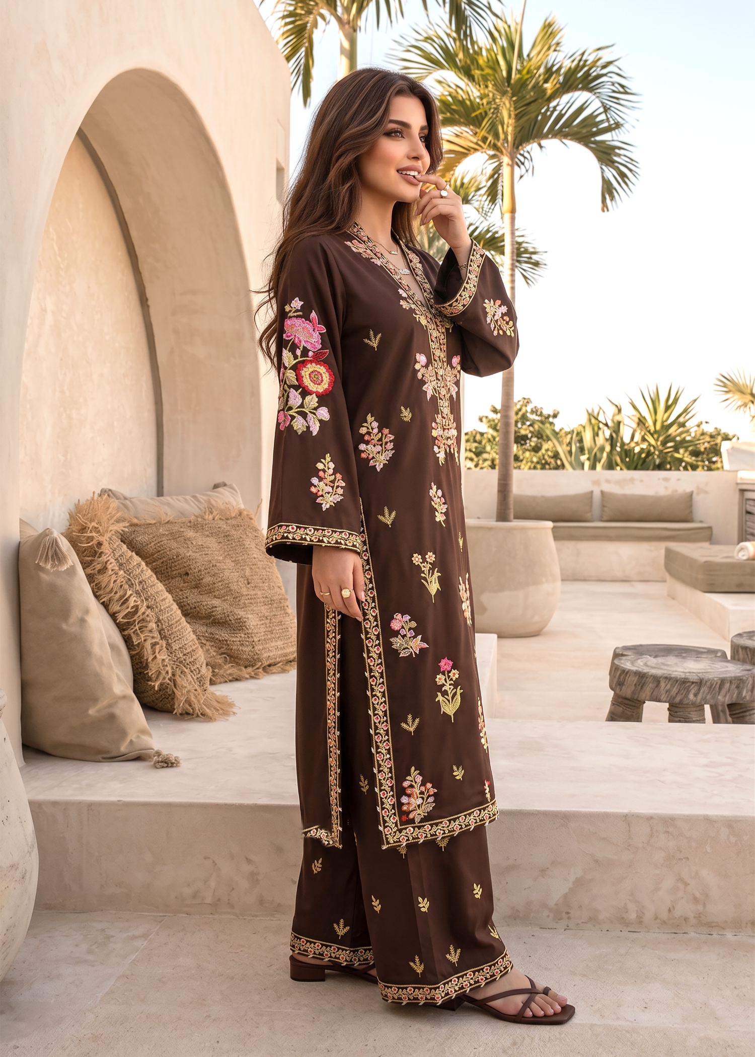 cambric Kurta Set in Brown