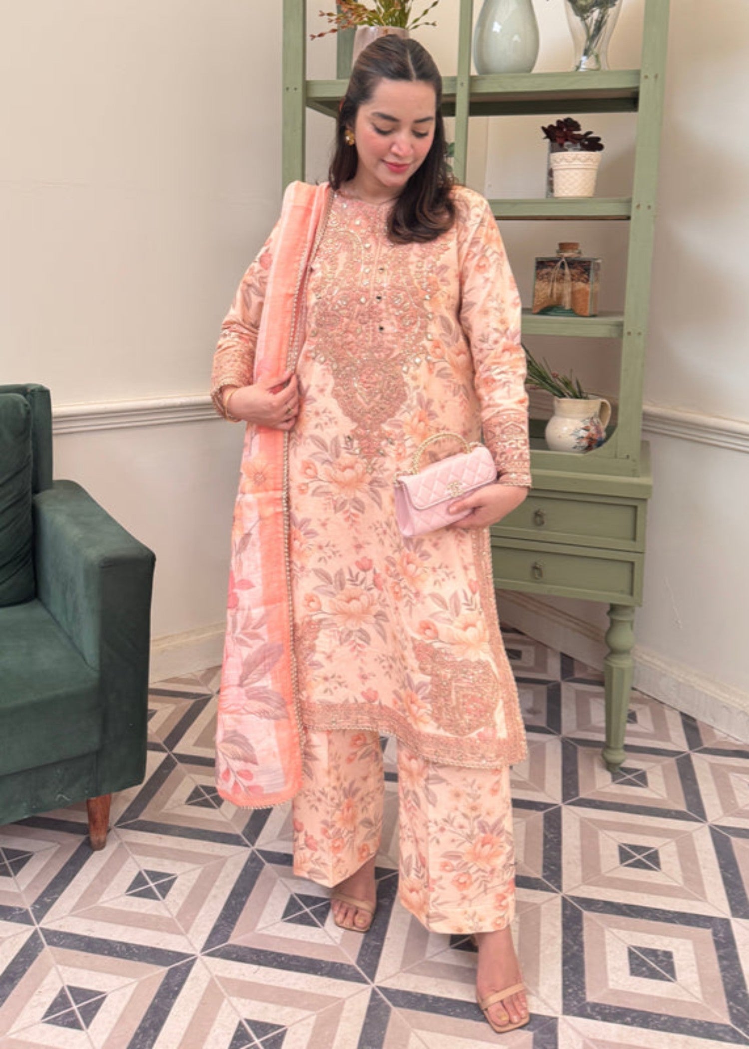cotton dobby Kurta Set in Peach pink
