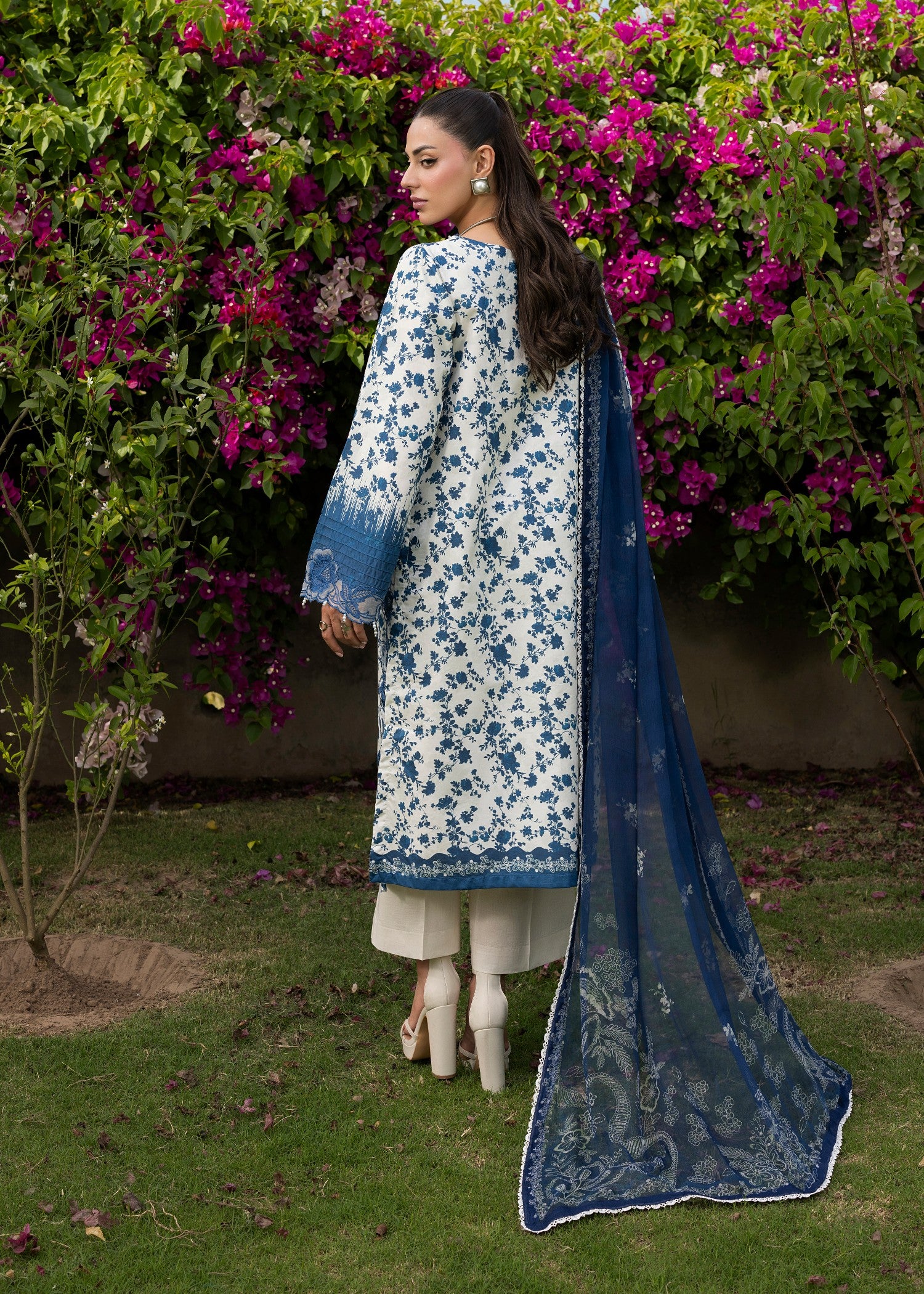 lawn Unstitched in Off-white, blue