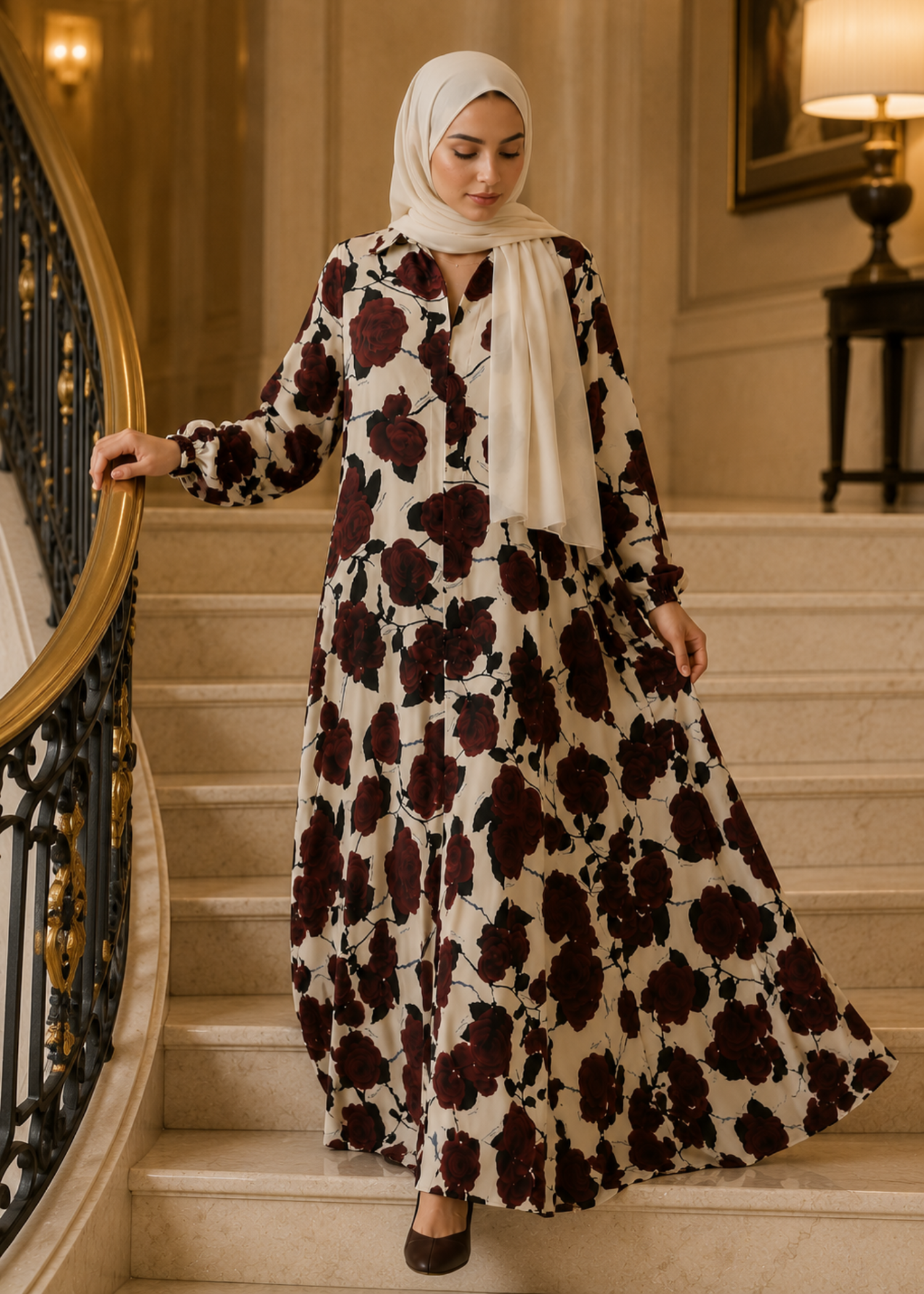 lawn Abaya in Ivory, burgundy