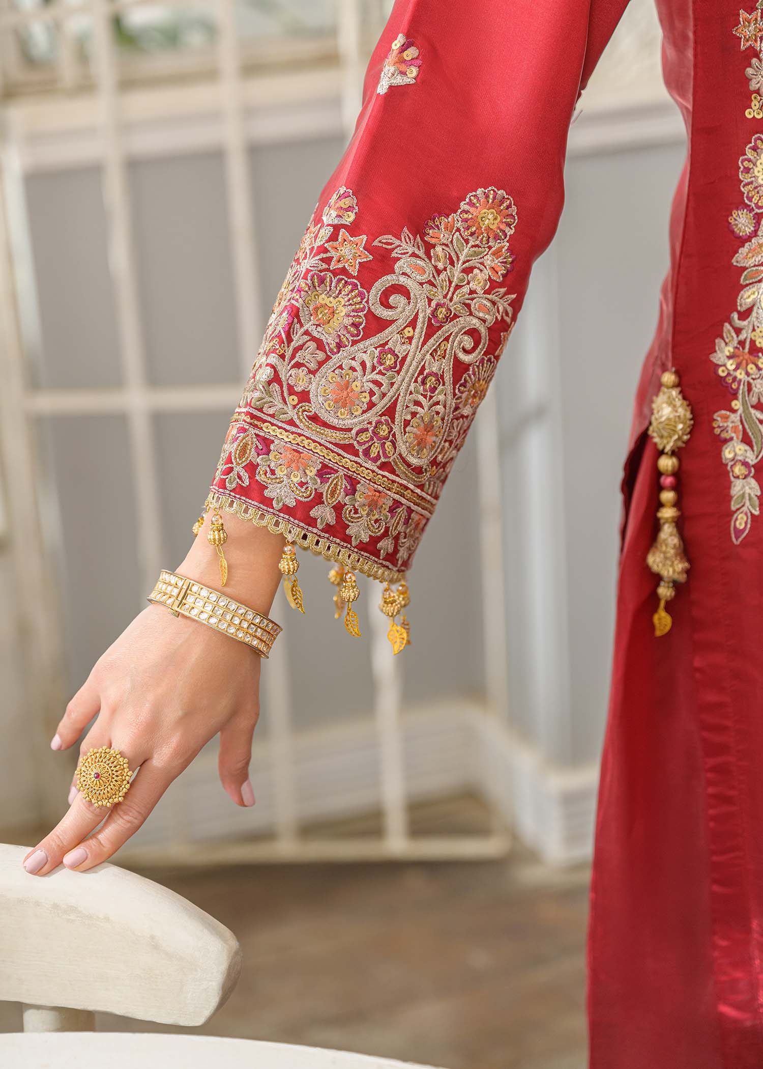 silk charmeuse Kurta Set in Crimson