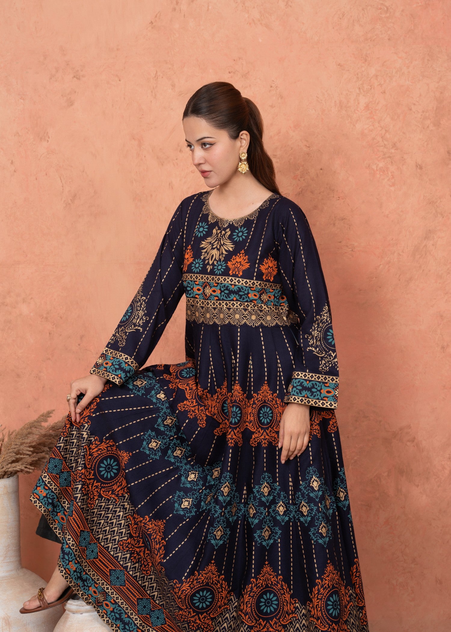 linen Anarkali in Navy blue