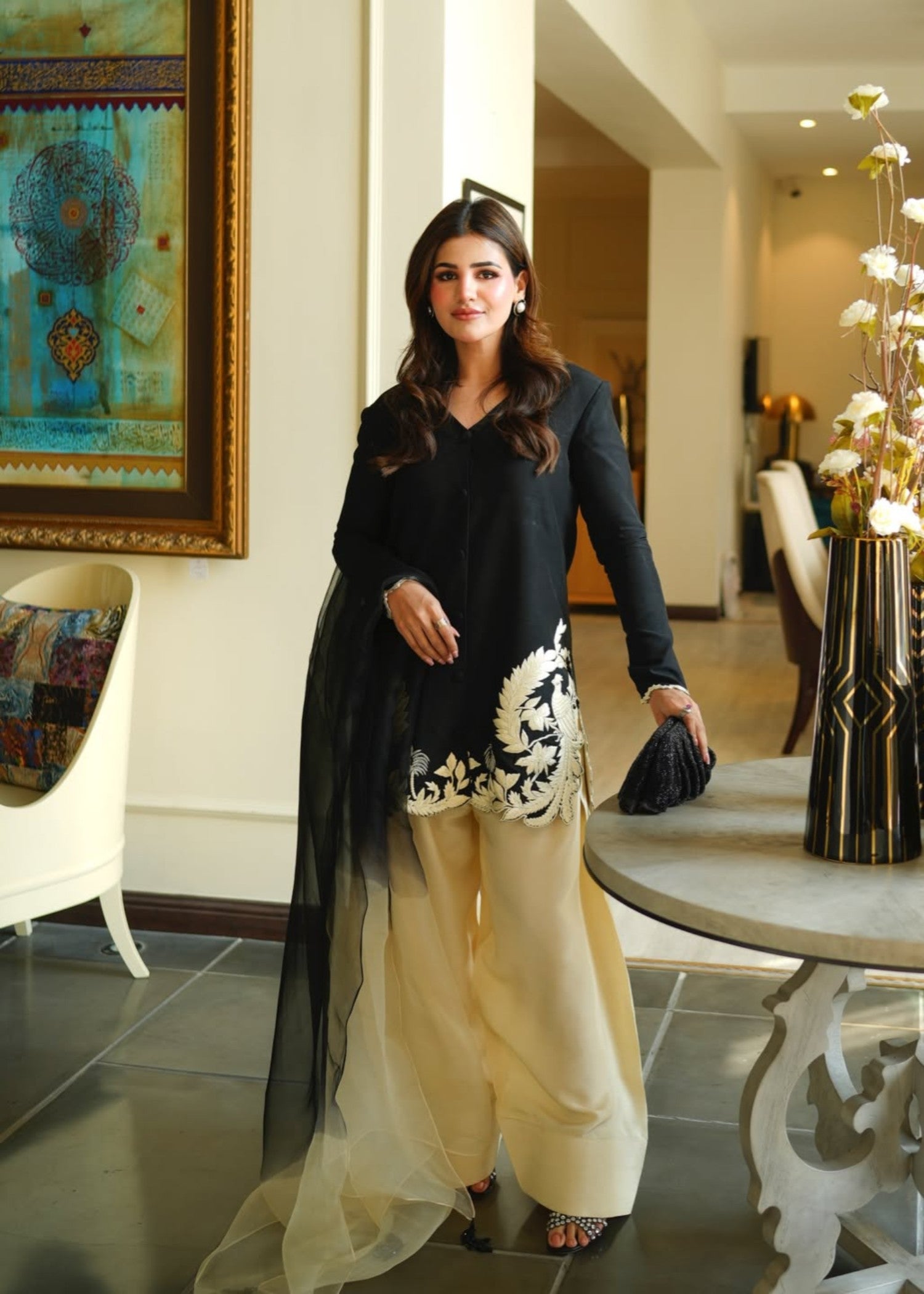silk Kurta Set in Black, floral white