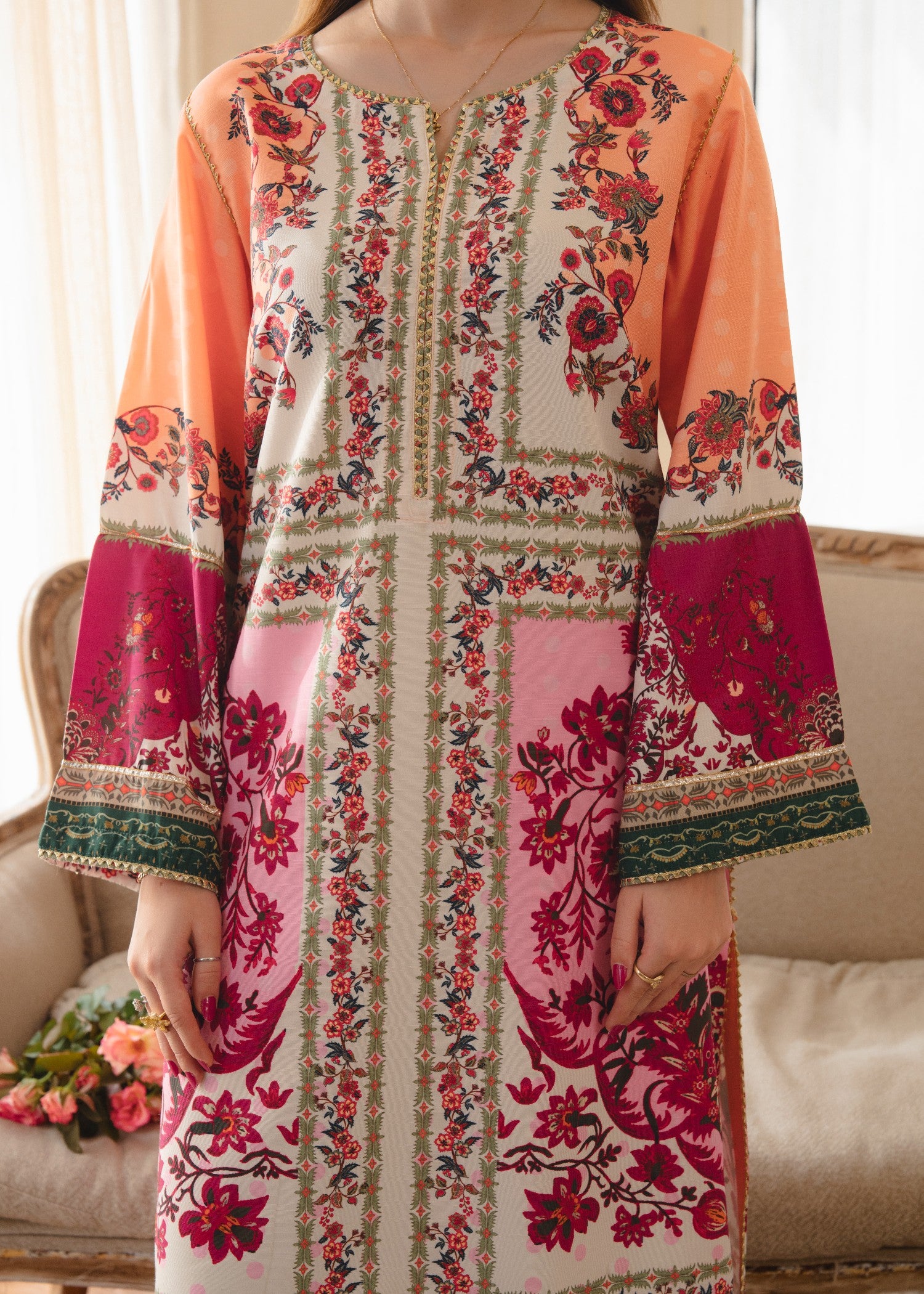 raw silk Kurta Set in Coral orange, bubblegum pink, red