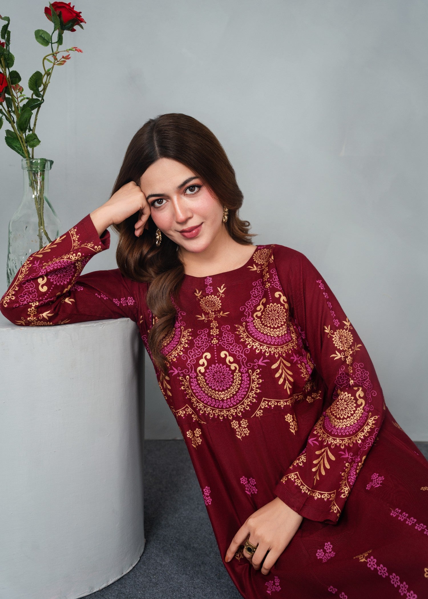 linen Anarkali in Maroon