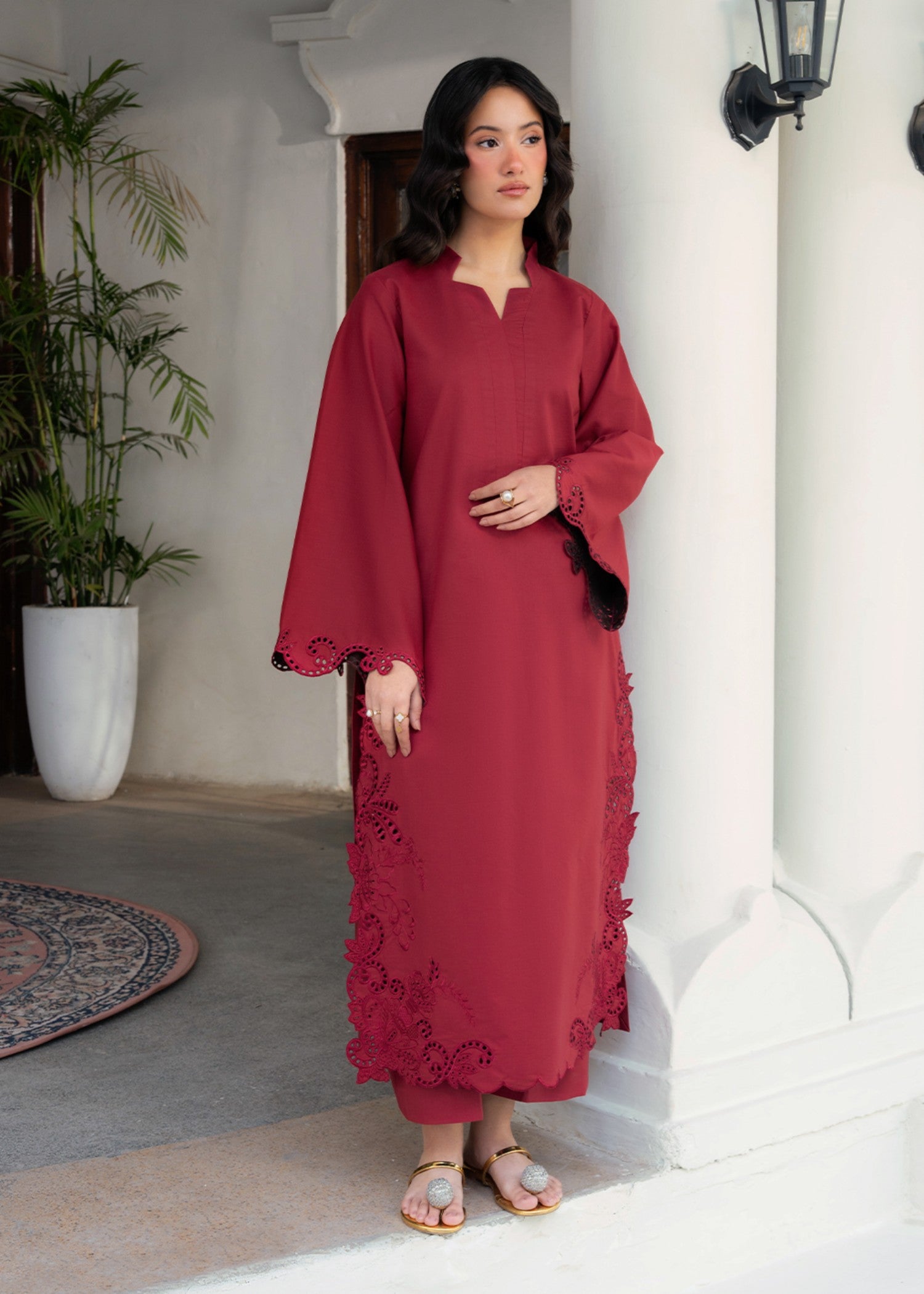 cotton Kurta Set in Carnation red