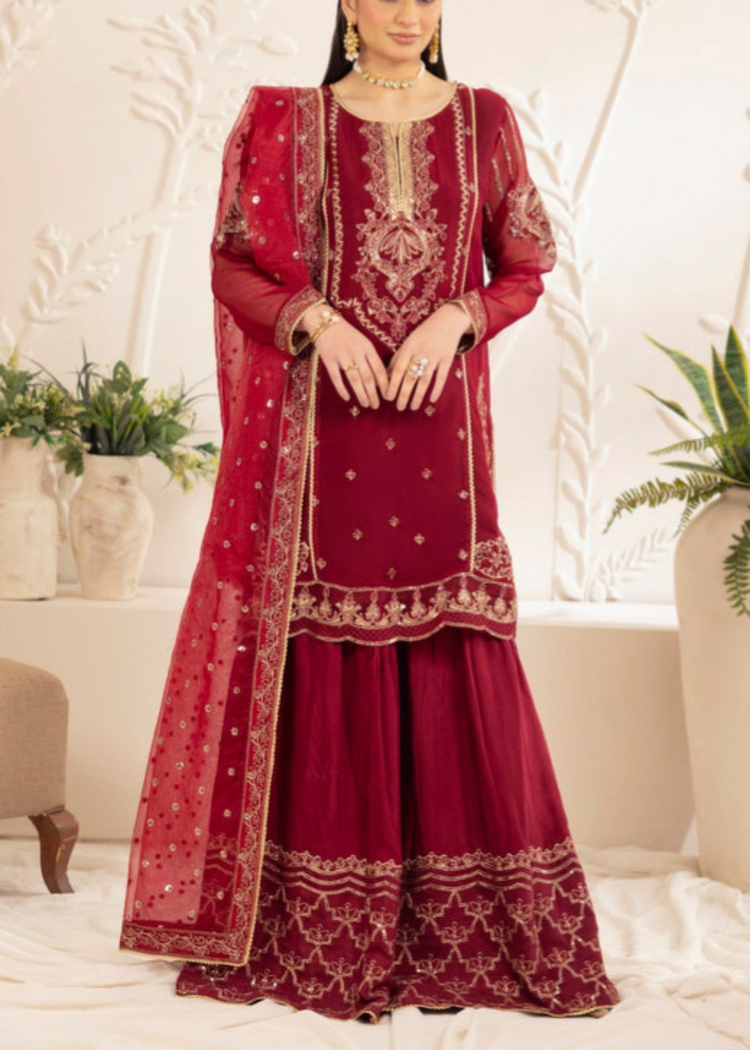 bemberg crinkle chiffon Gharara in Maroon