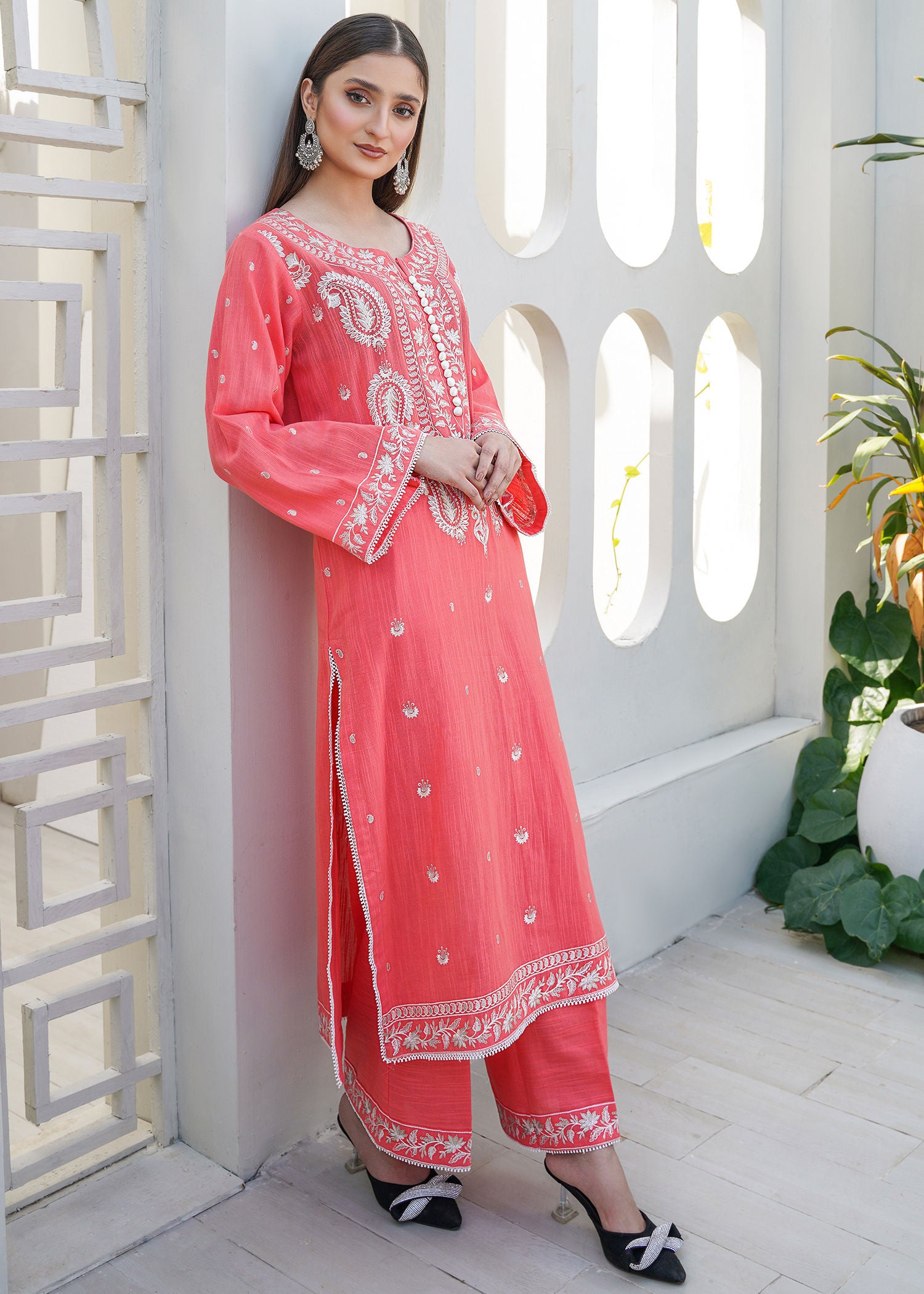 cotton karandi Kurta Set in Coral pink