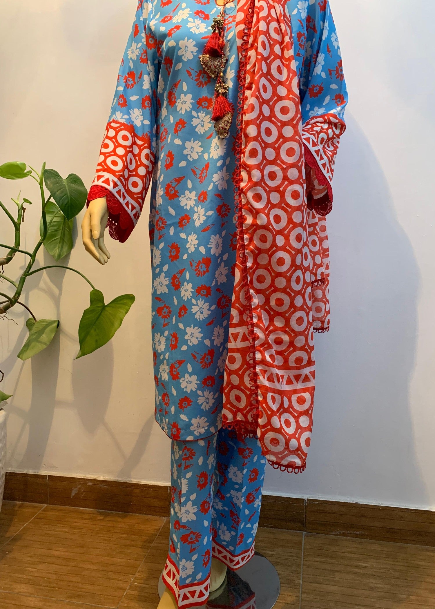 silk finish lawn Unstitched in Red, azure, dodger blue