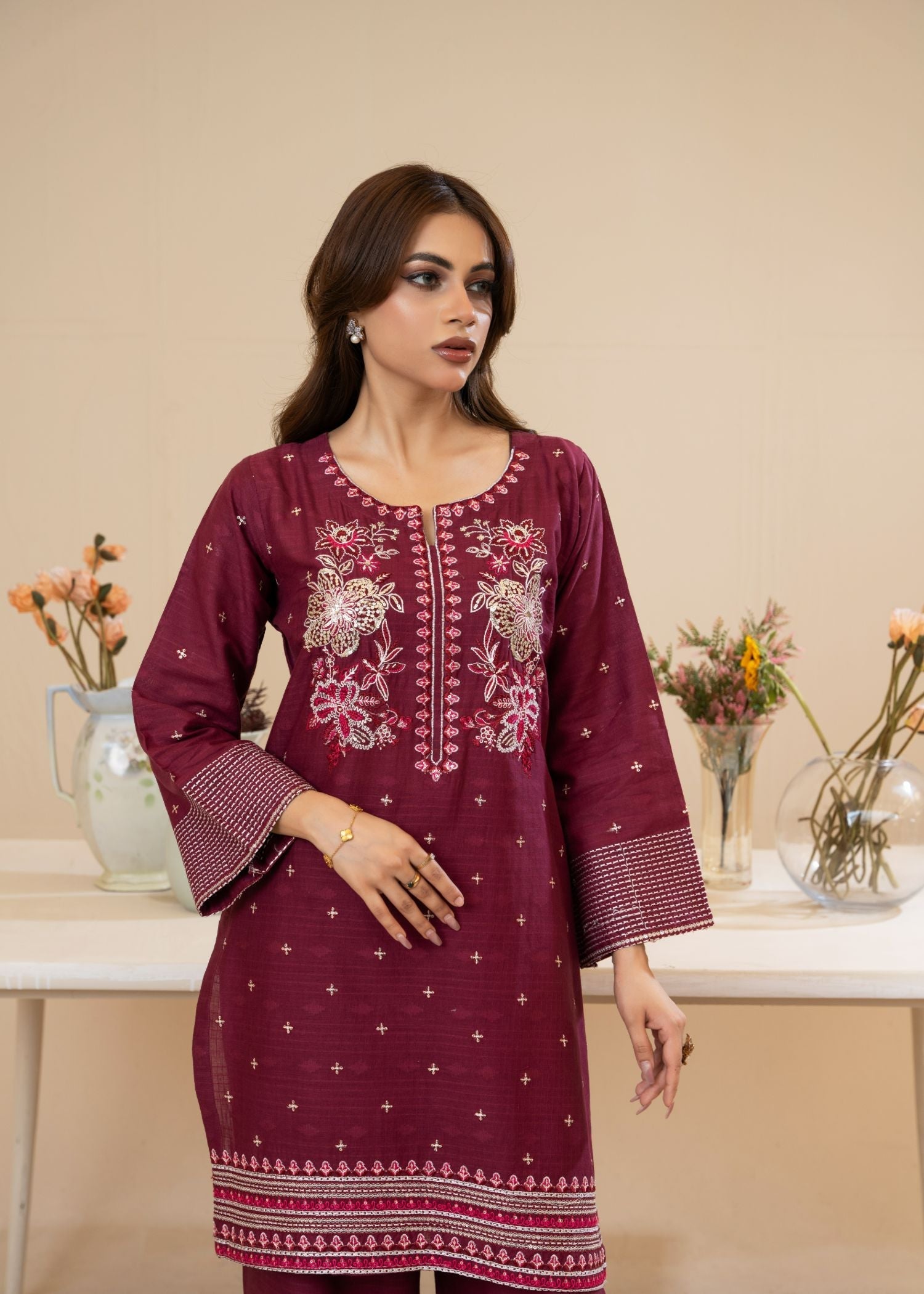 cotton jacquard Kurta Set in Wine