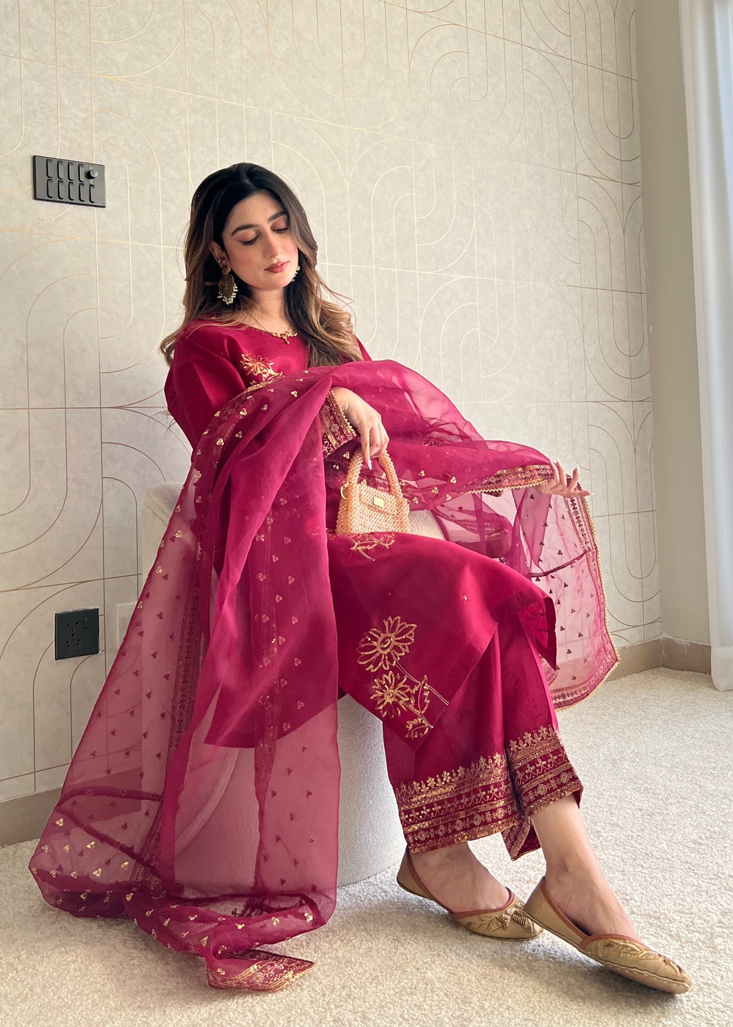 silk Kurta Set in Magenta haze