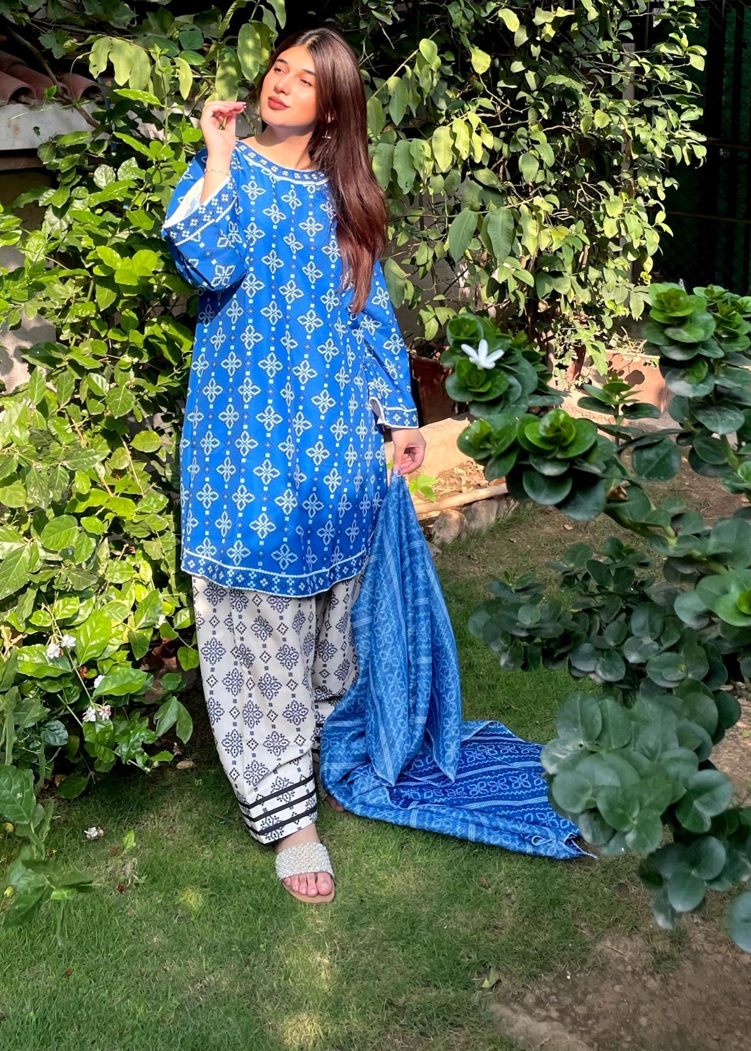 poly lawn Short Frock in Blue