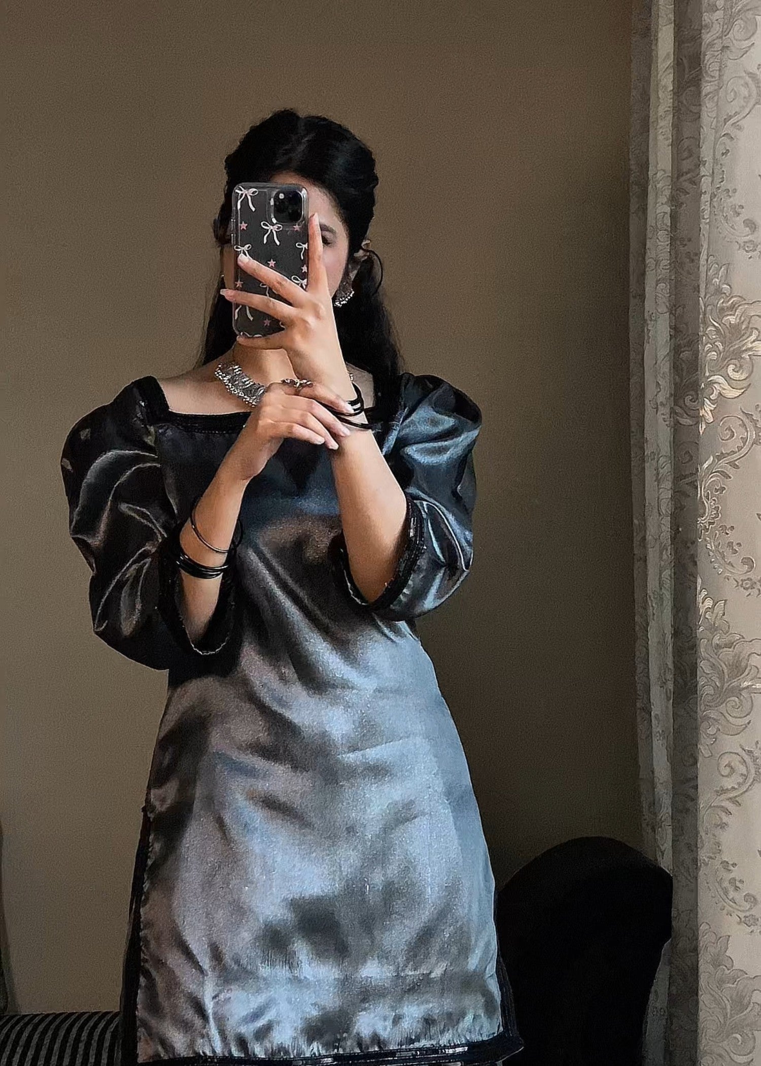 tissue silk Kurta Set in Charcoal black