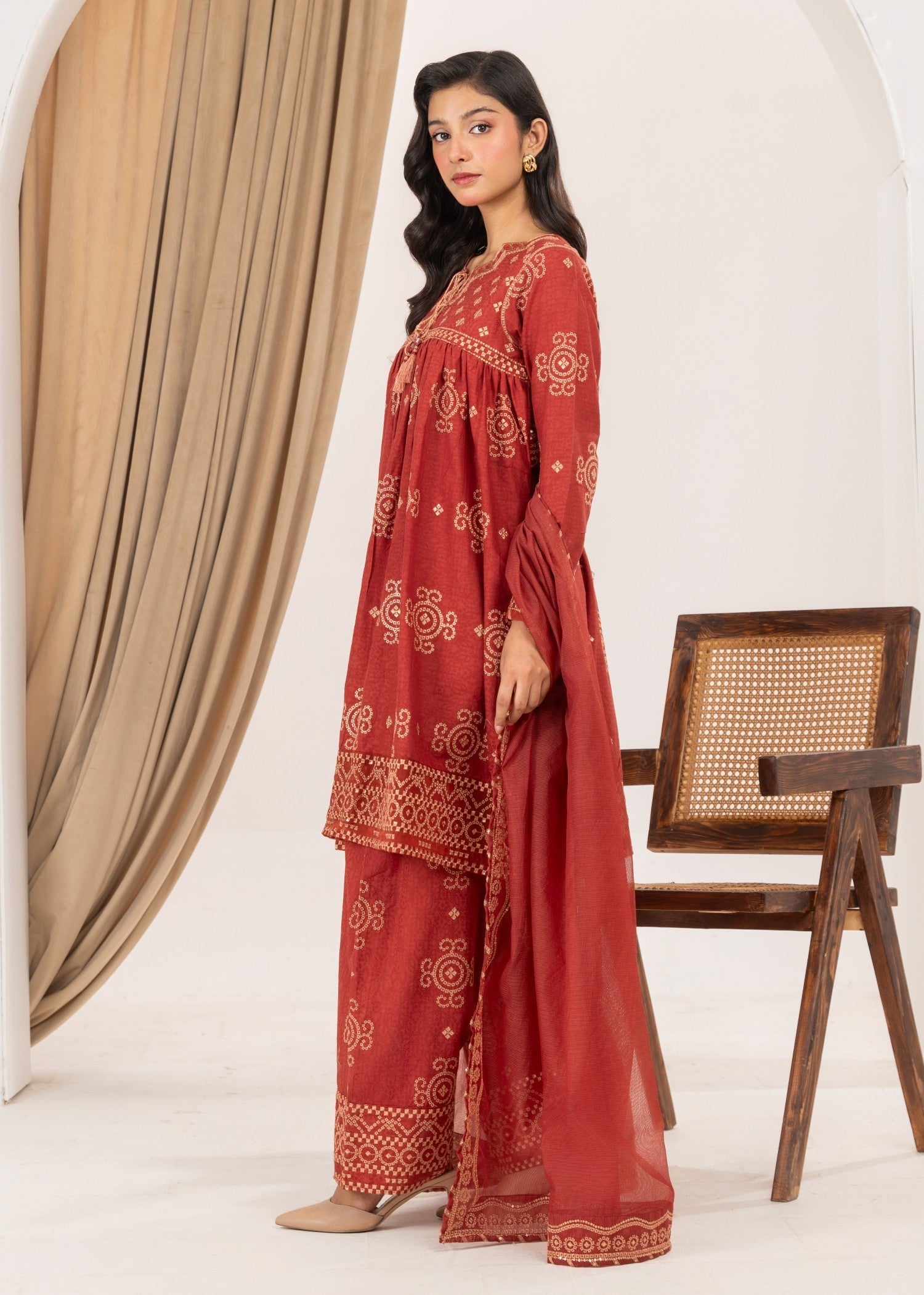 cotton Short Frock in Chili red