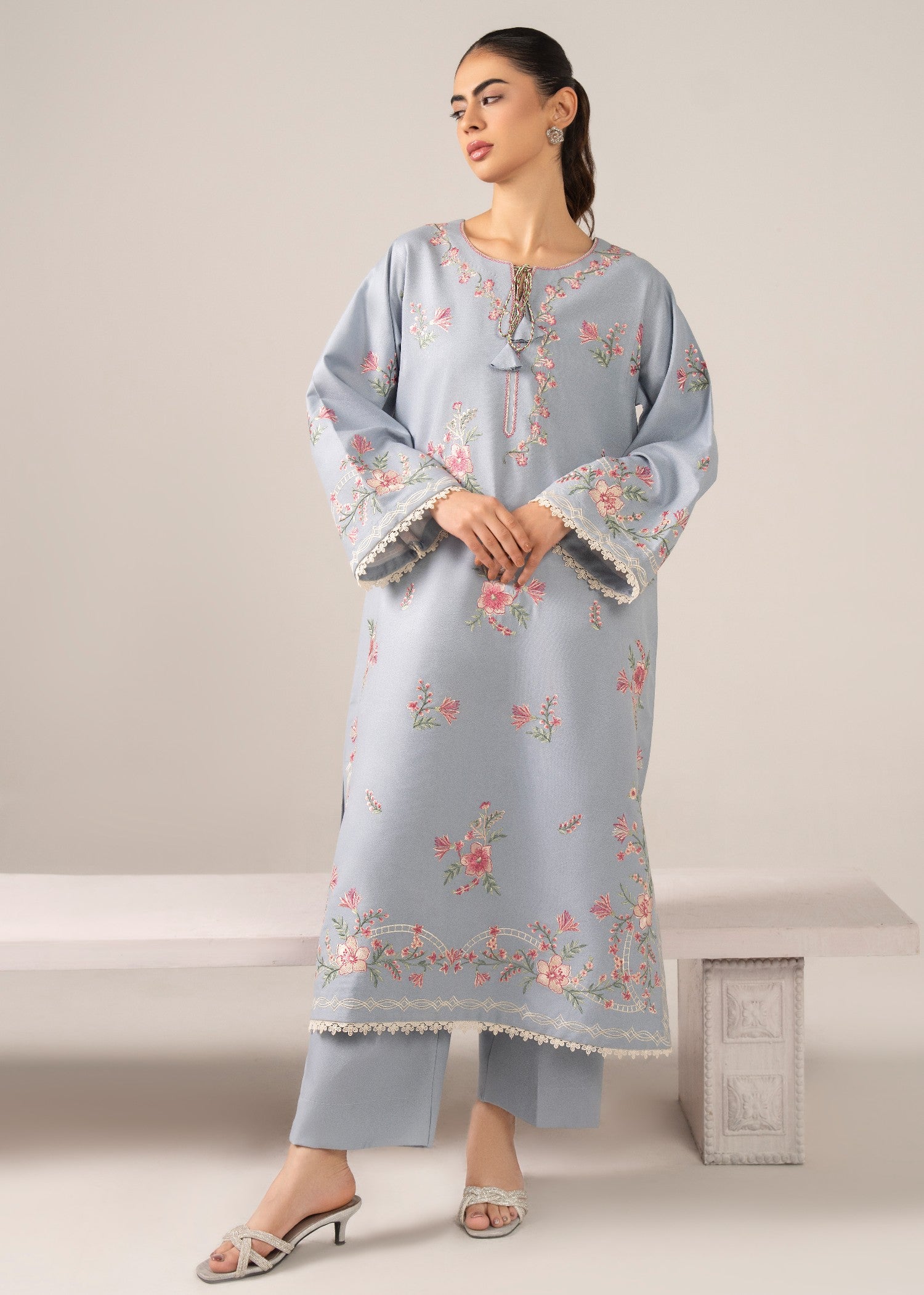 dhanak linen Kurta Set in Powder blue