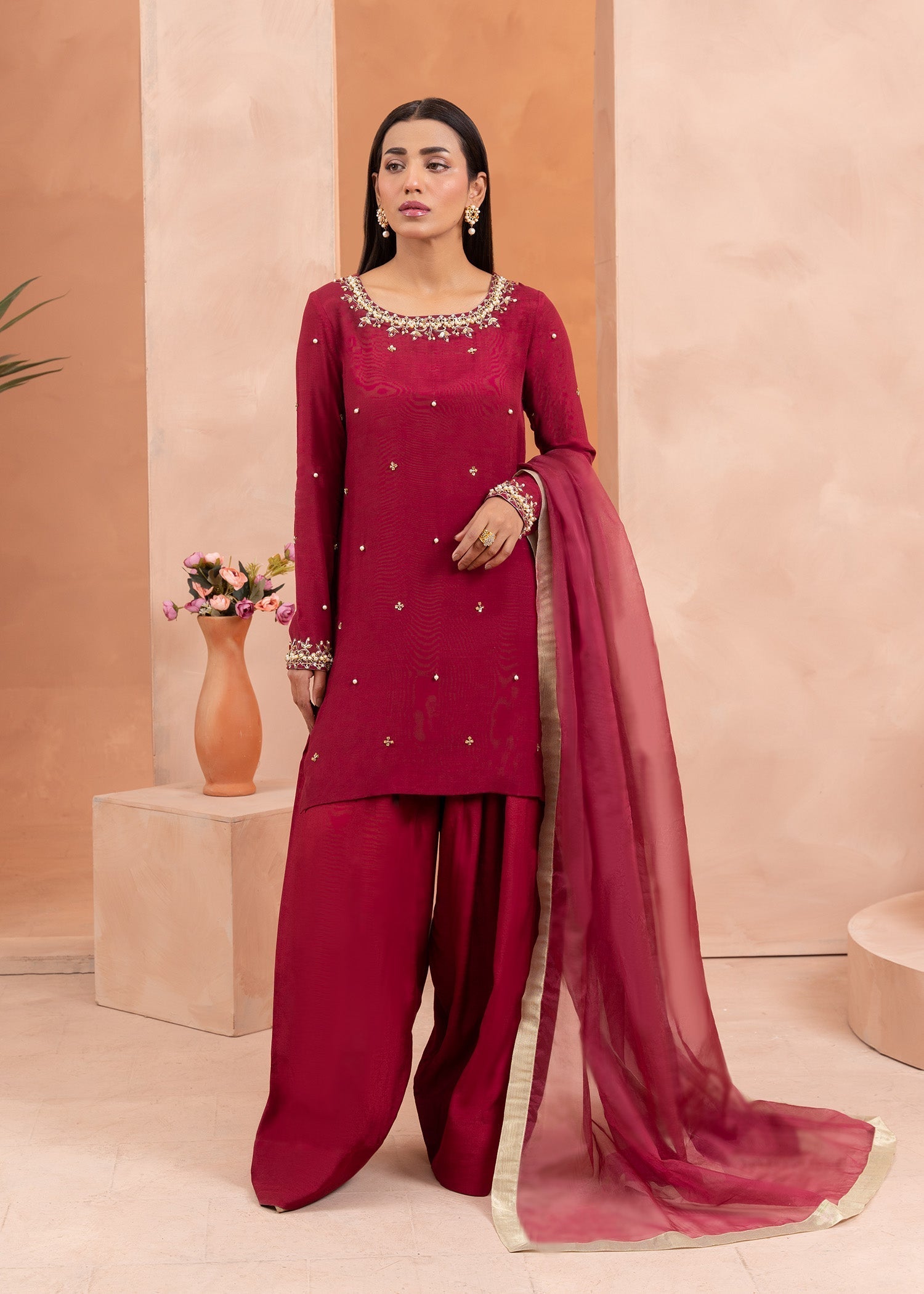 raw silk Kurta Set in Maroon