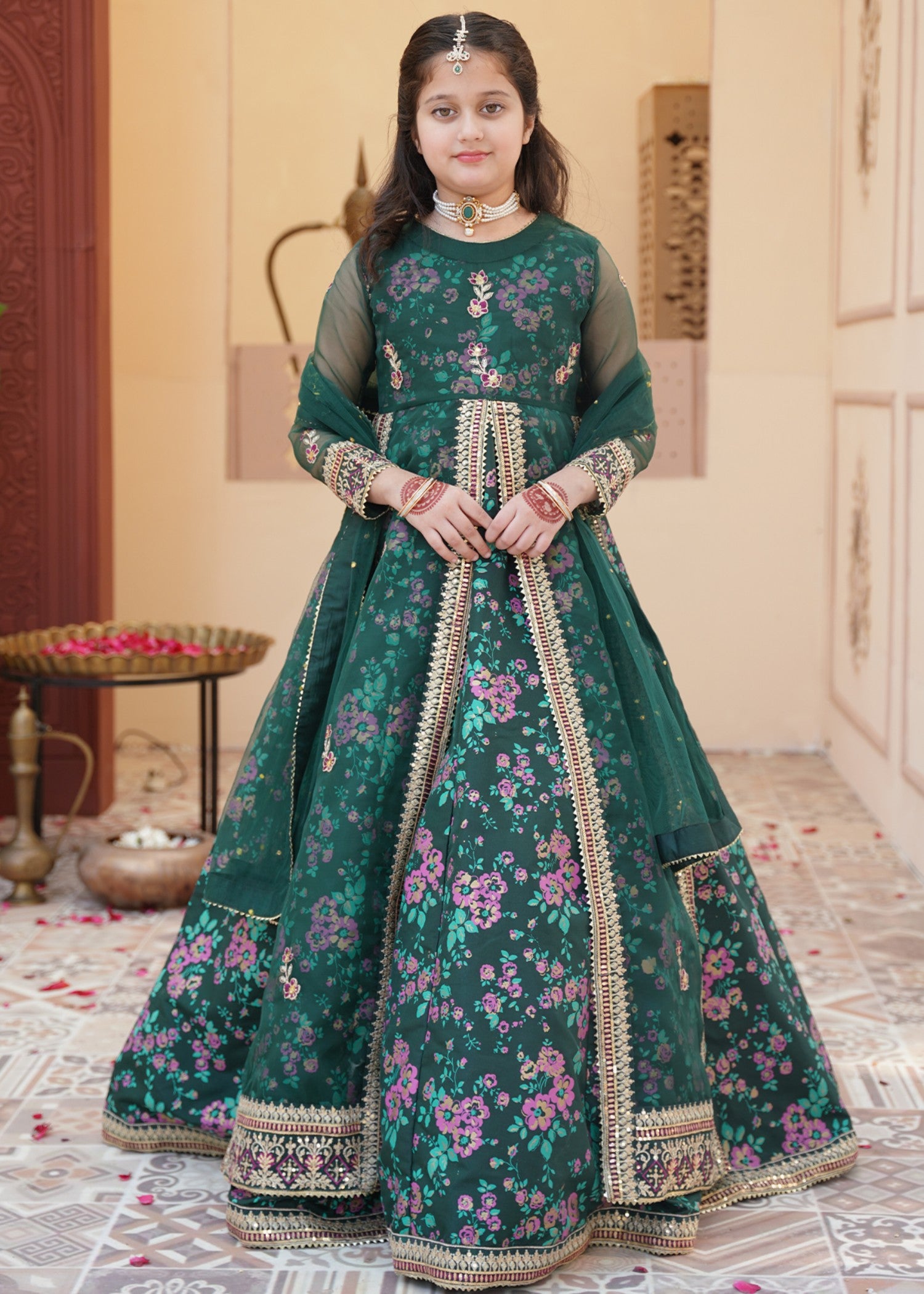 silk Pishwas in Forest green