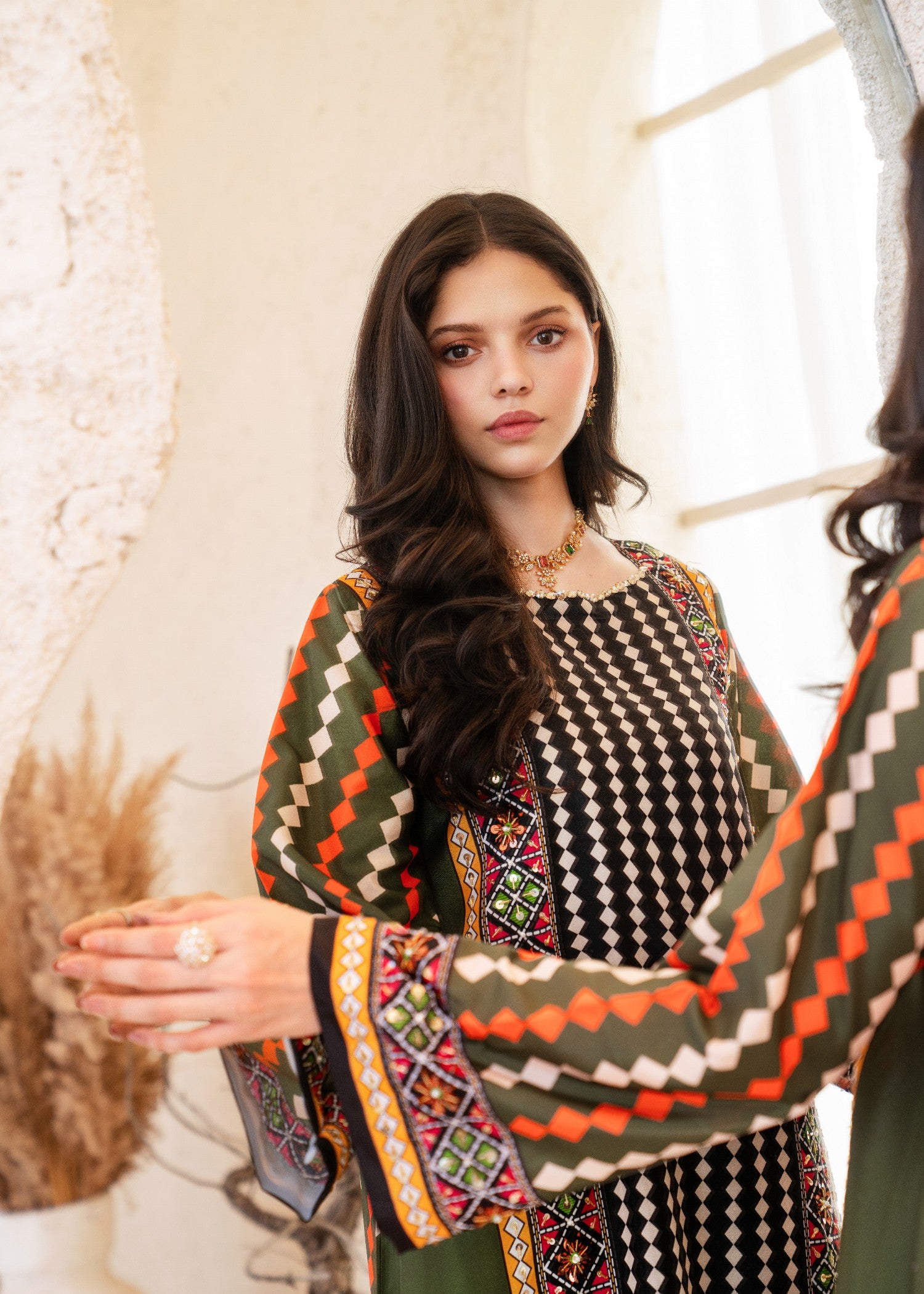 silk grip Kurta Set in Walnut brown, coral orange, olive green