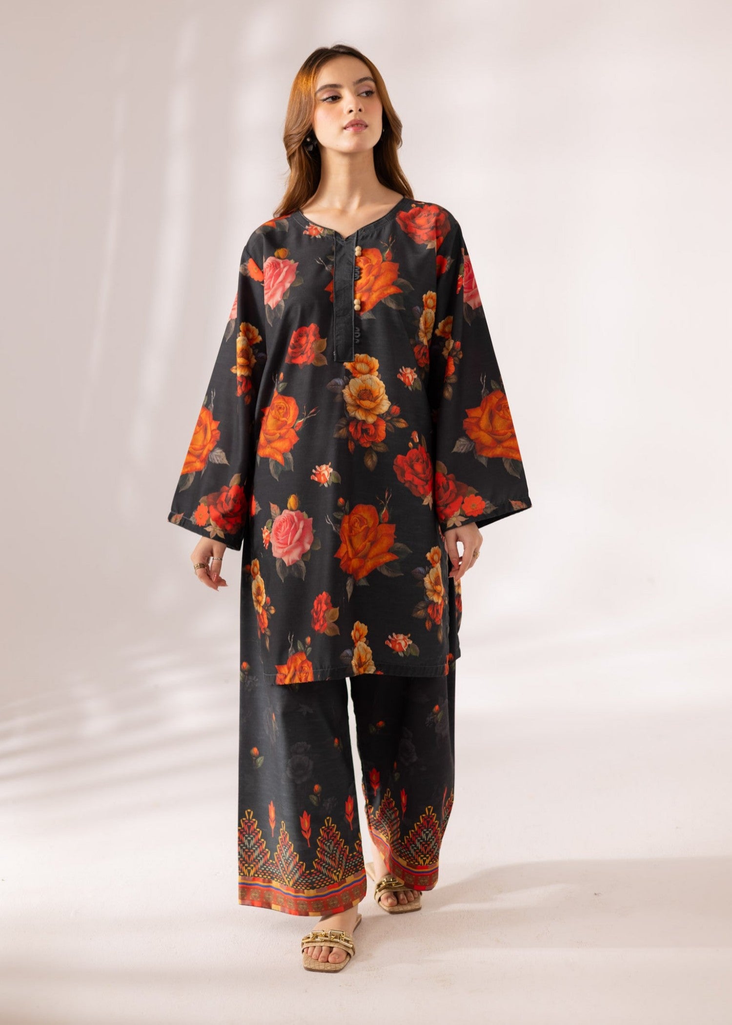 slub khaddar Kurta Set in Charcoal black