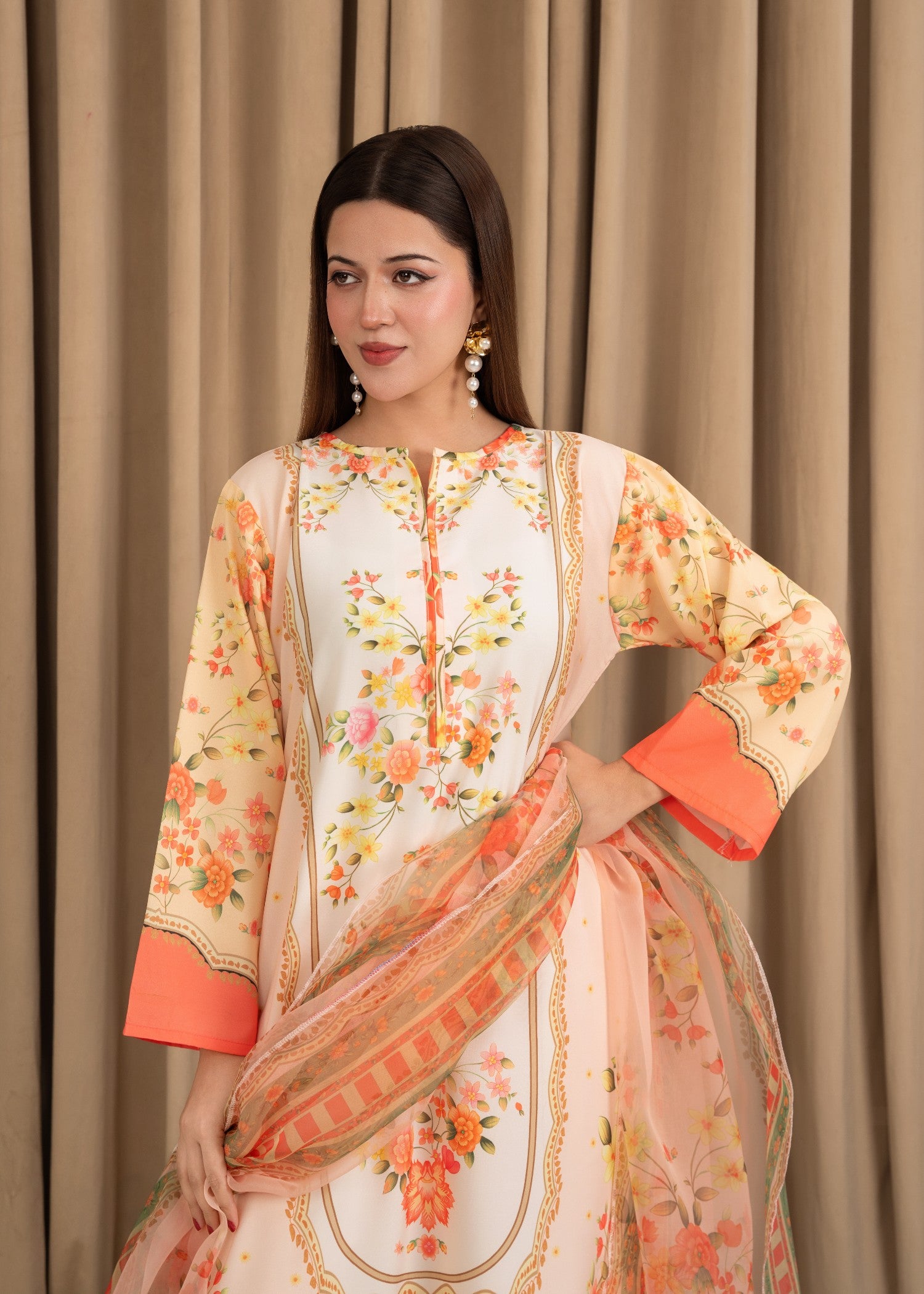 silk crepe Kurta Set in Orange