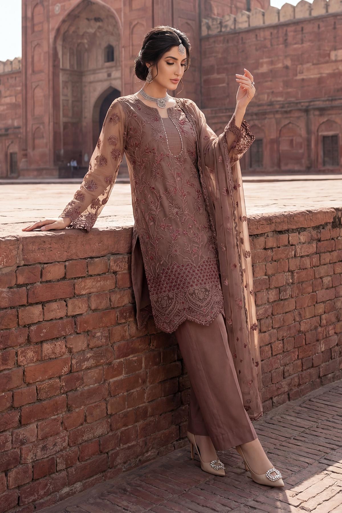 silk cotton net Kurta Set in Tan brown